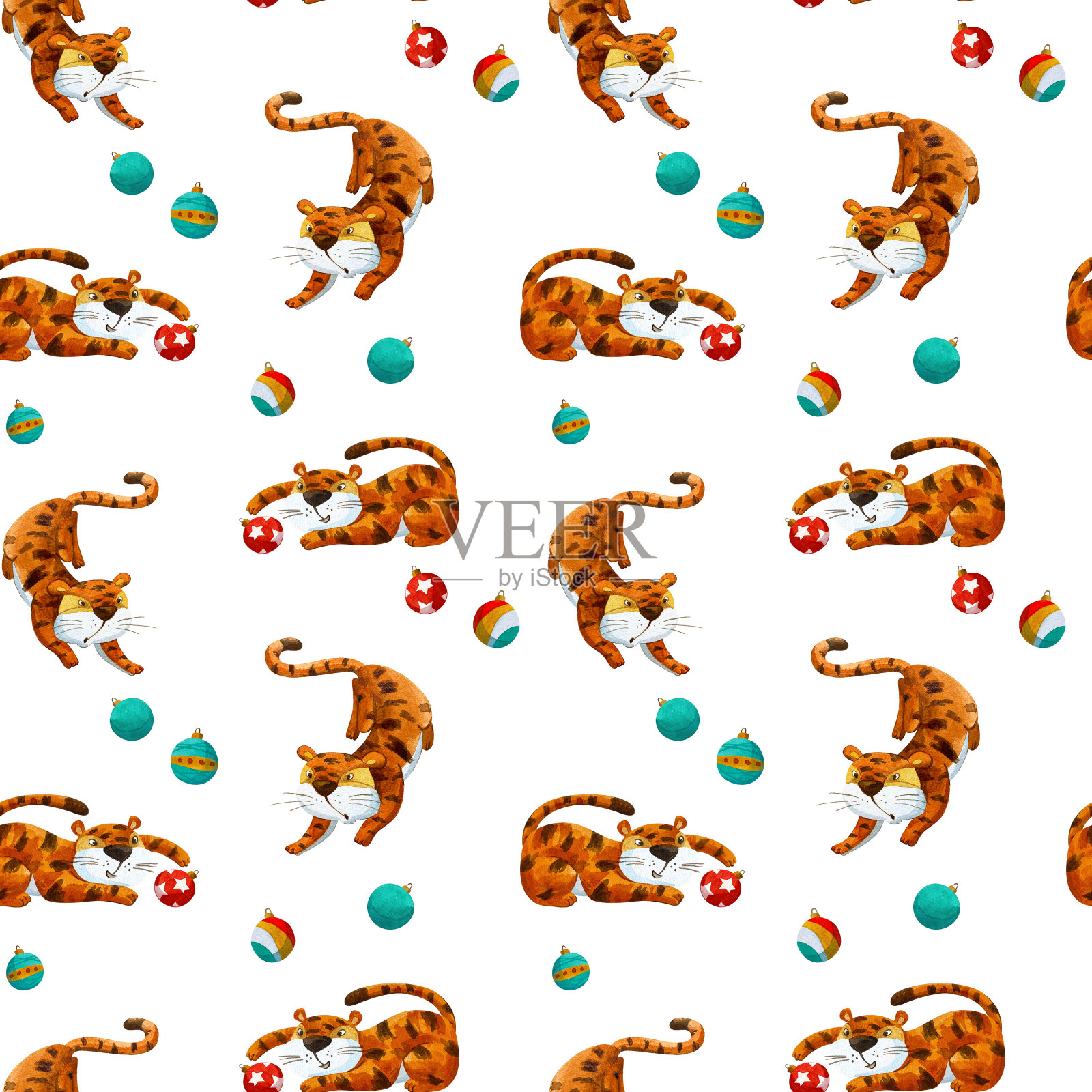 有趣的水彩图案与有趣的新年老虎。插画图片素材