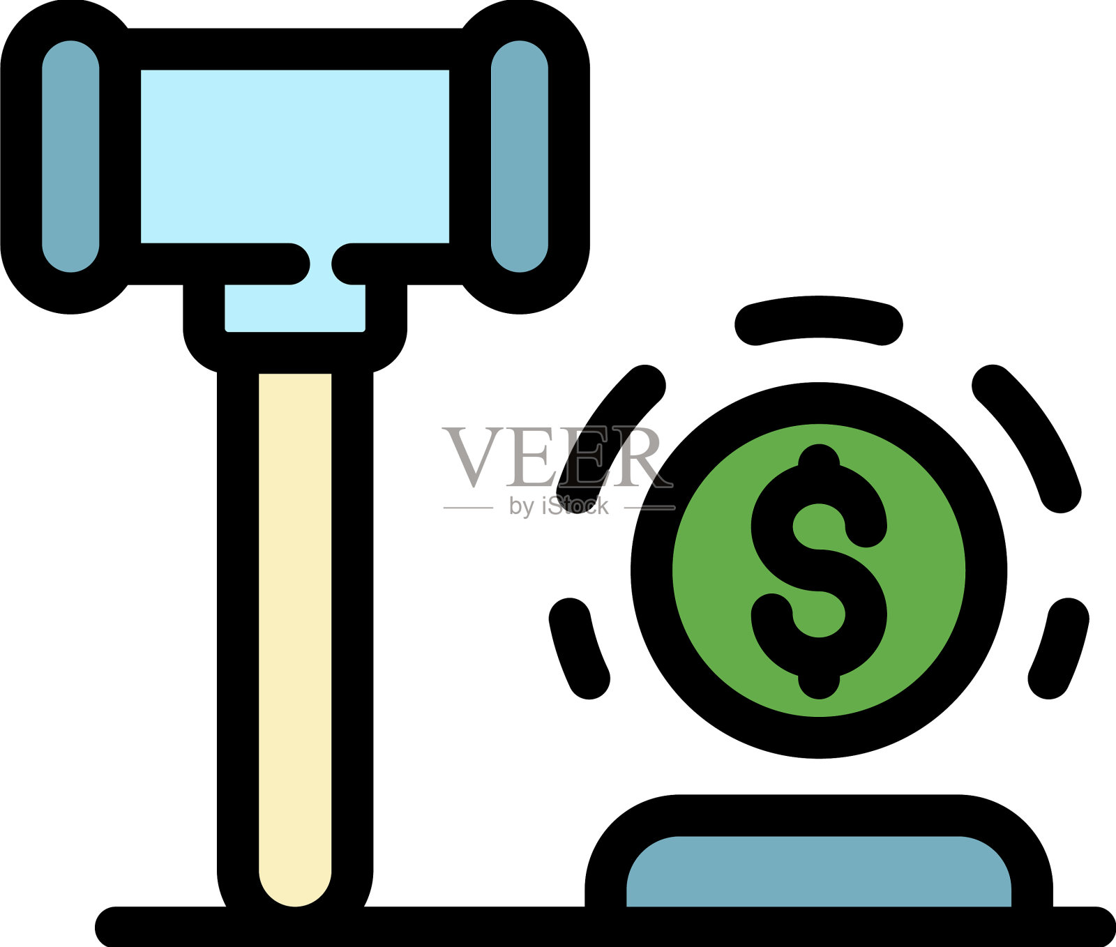 木槌和硬币图标颜色轮廓插画图片素材