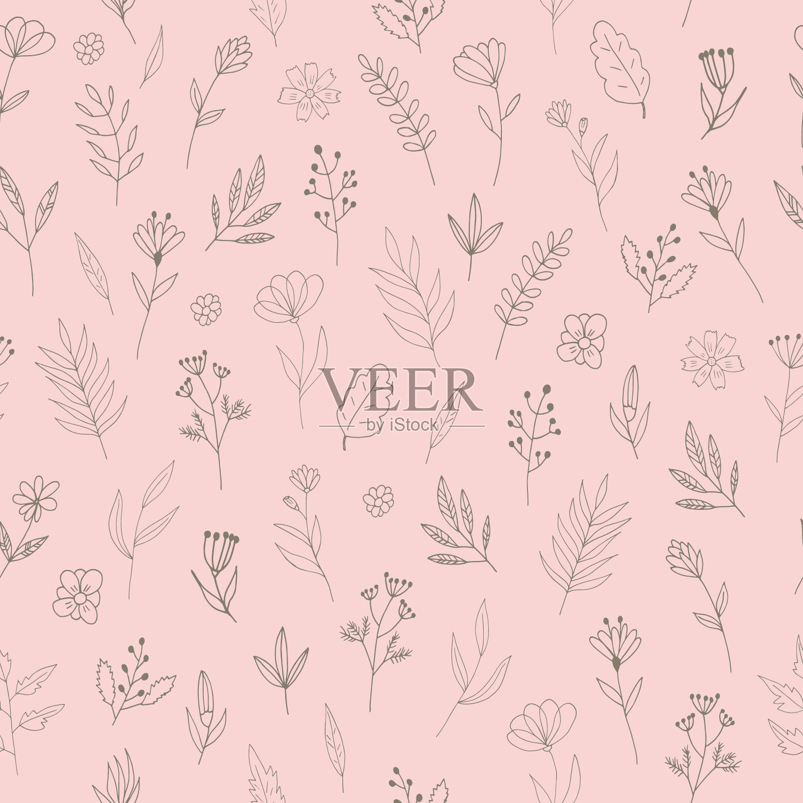 花卉无缝模式手绘涂鸦。矢量，极简主义，斯堪的纳维亚，单色，时尚的颜色2022。简单的抽象工厂。墙纸，包装纸，纺织品，背景。插画图片素材