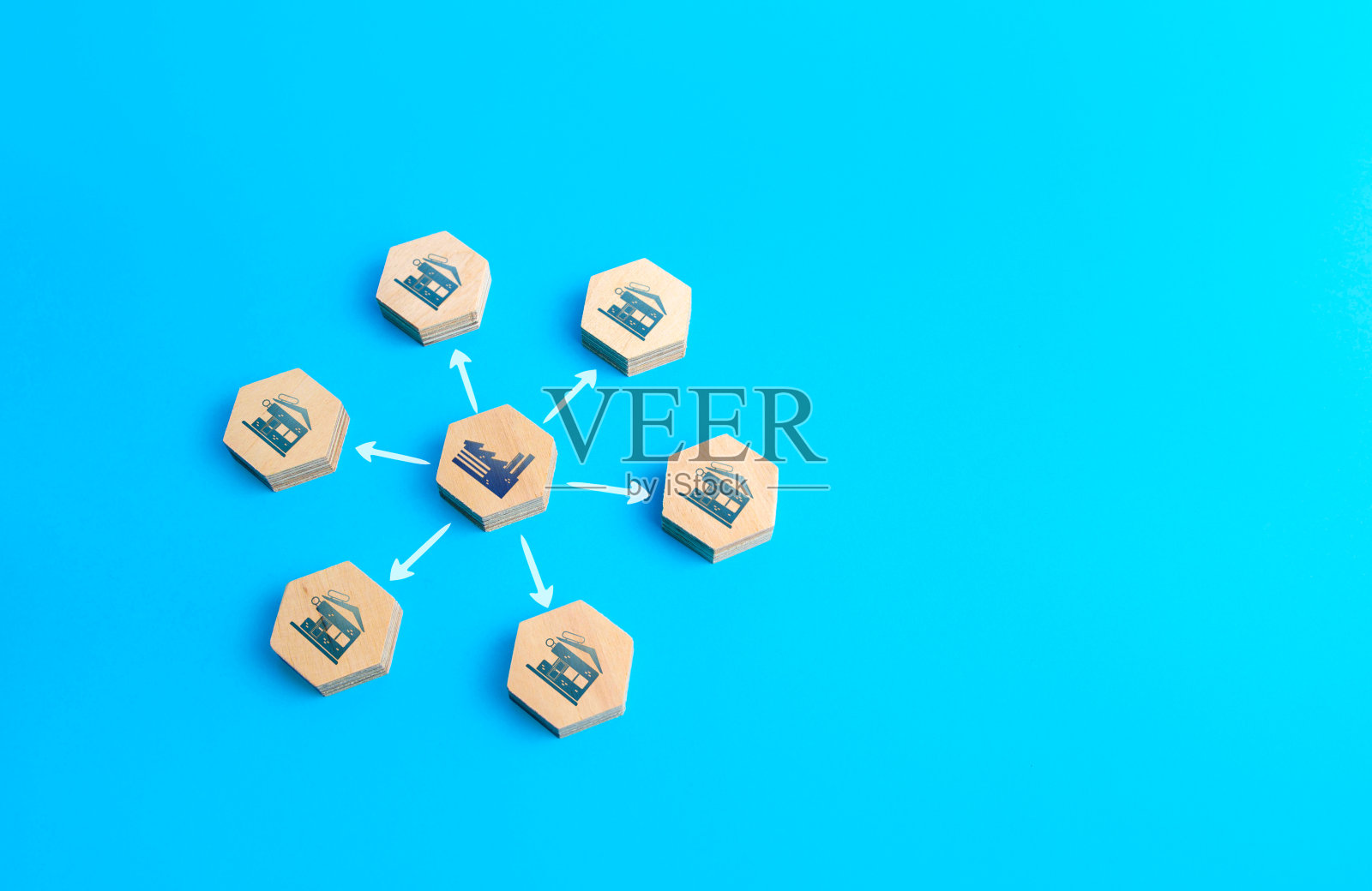 这家工厂供应用品。商业贸易物流。交付货物。经济关系联系和技术链。销售产品的分销。销售市场。物流链。照片摄影图片