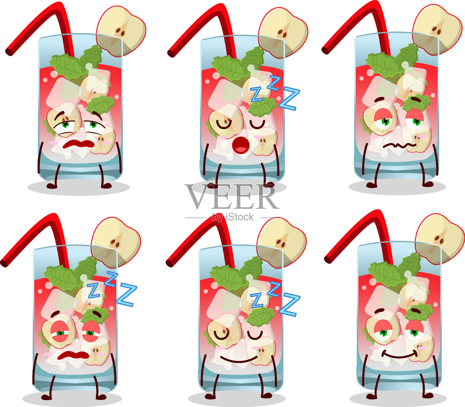 卡通人物苹果莫吉托和瞌睡插画图片素材