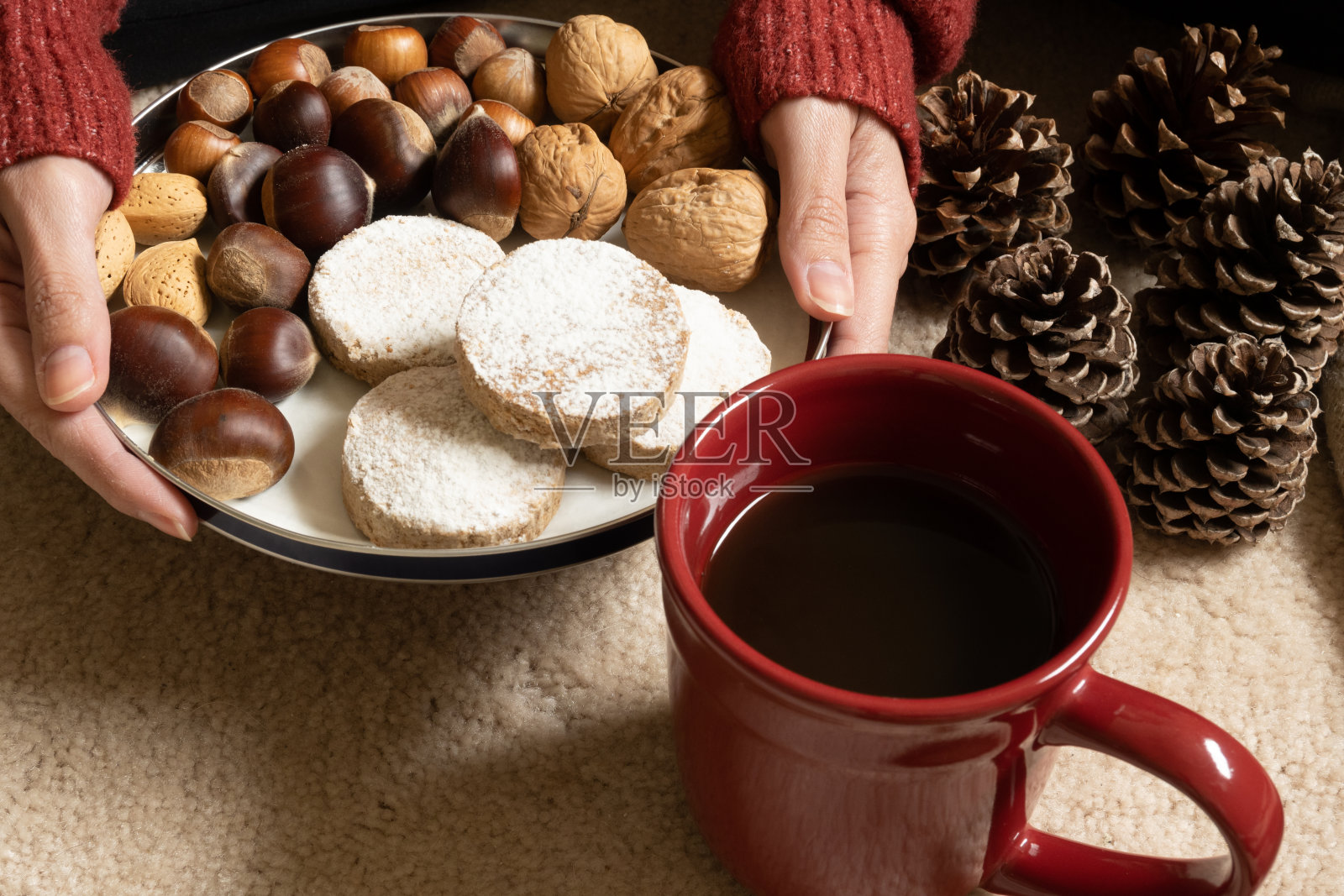 端着圣诞布丁的人照片摄影图片