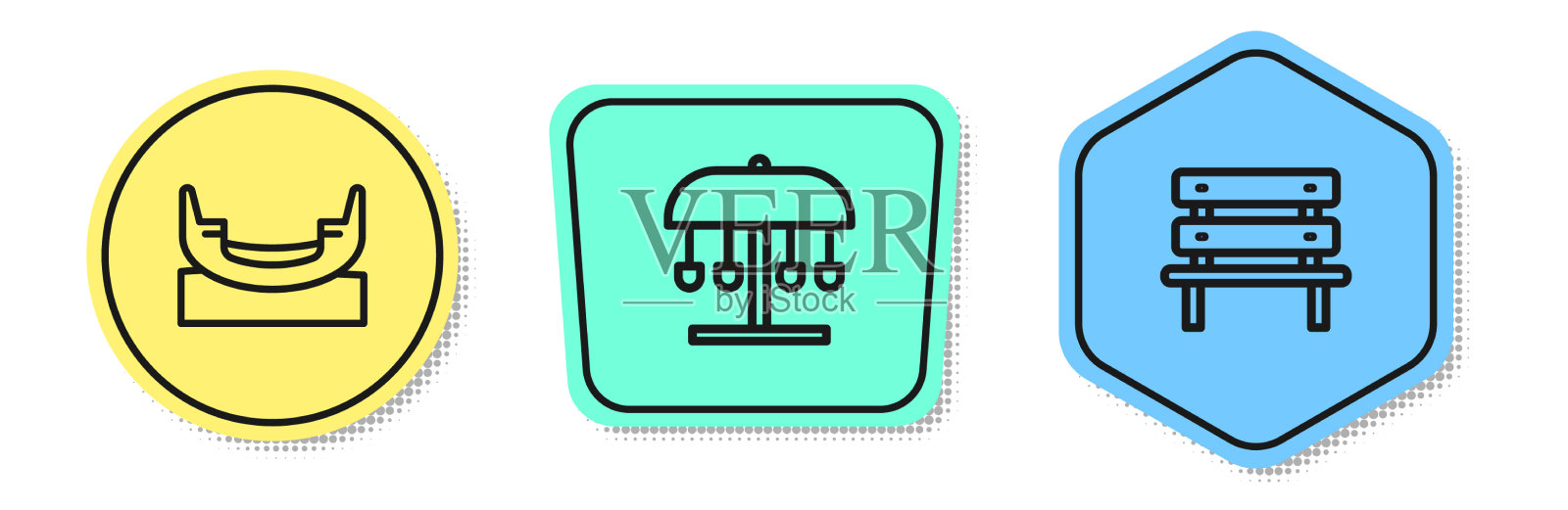 设有线船秋千吸引旋转木马和长凳插画图片素材