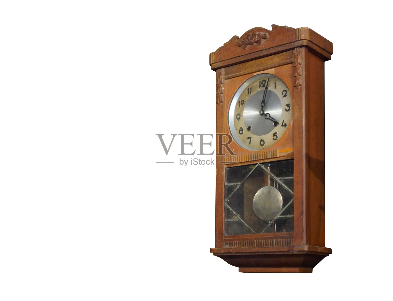 迪切古色古香的棕色木挂钟上有白色背景，物体背景，复制空间照片摄影图片