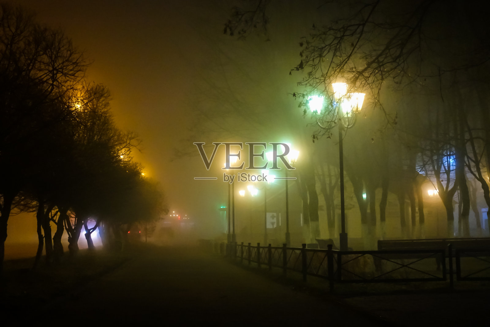 夜晚的街道被灯笼照亮。雾。旁观的汽车。神奇的城市。照片摄影图片