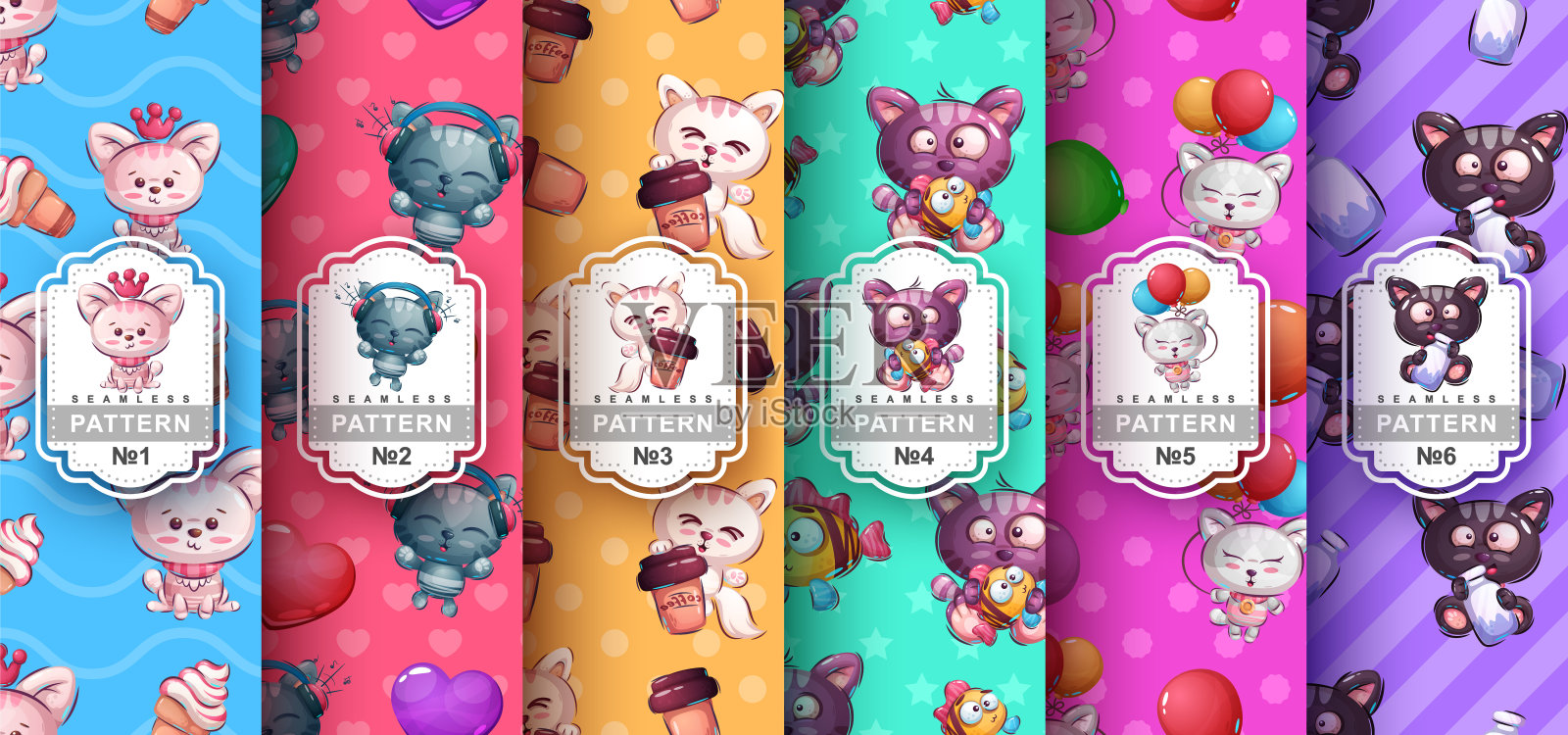 卡通人物动物猫和无缝模式插画图片素材