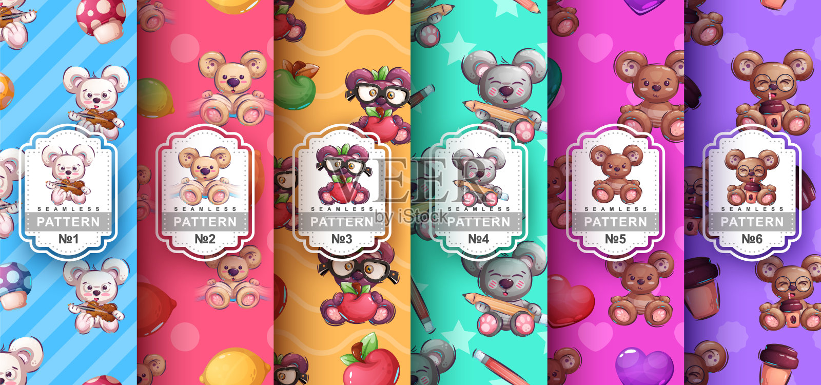 卡通人物动物熊与图案无缝衔接插画图片素材