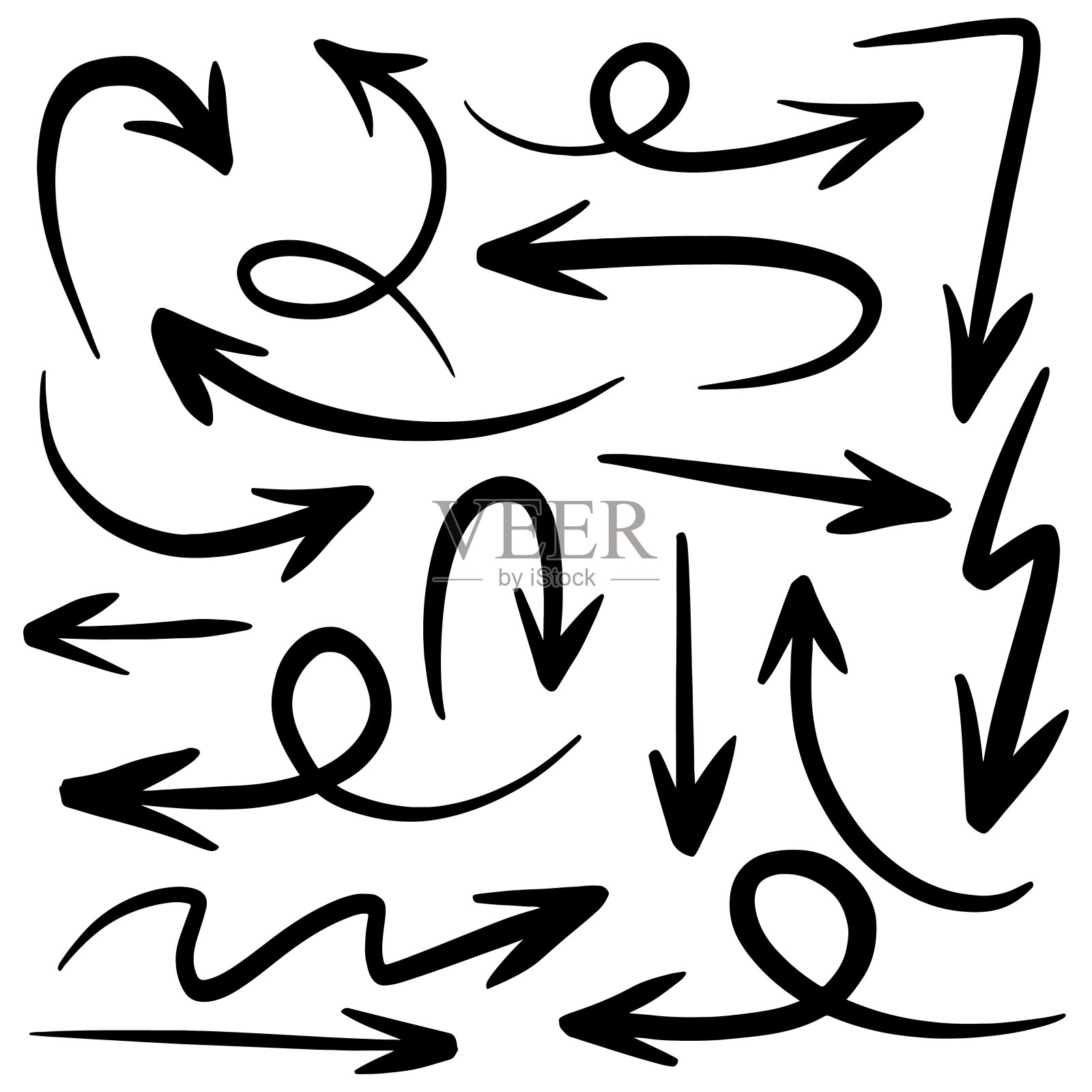 手绘箭头图标集孤立的白色背景。涂鸦矢量插图。设计元素图片