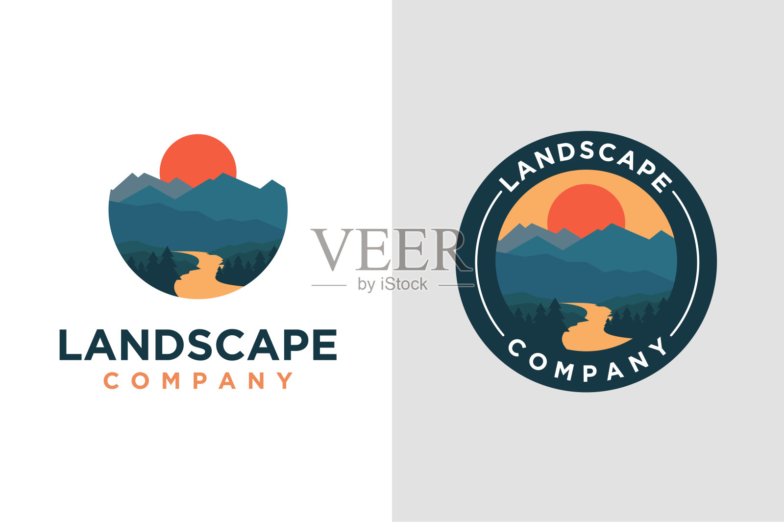 在白色背景上的山和河景观冒险向量模板设计元素图片