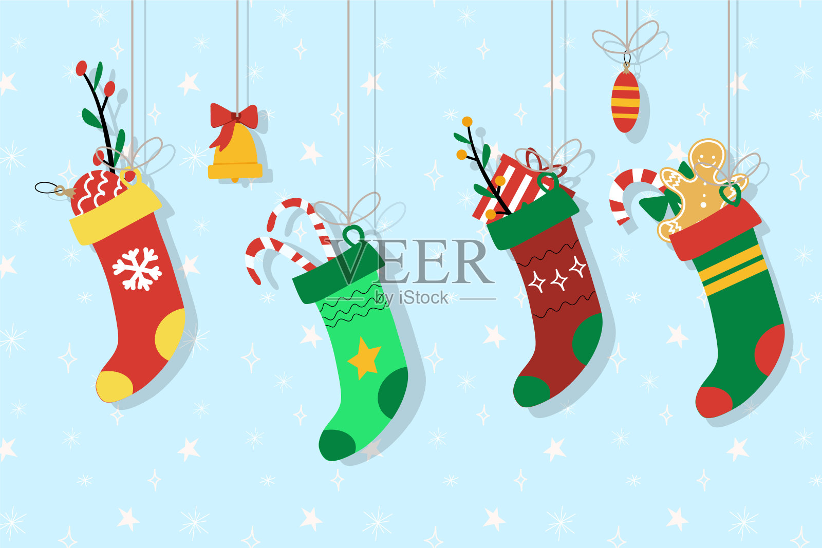 现代矢量插图圣诞袜子与不同的设计与礼物。孤立的雪花背景EPS新年快乐插画图片素材