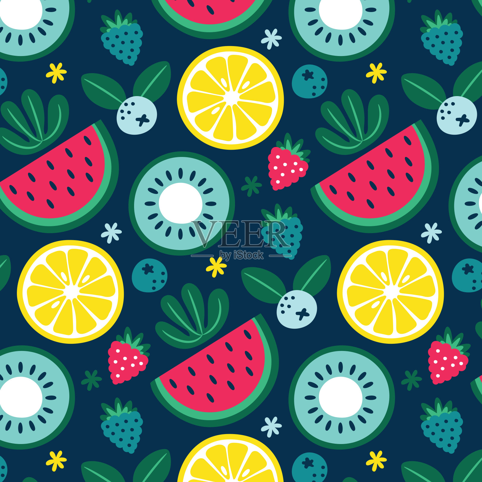 无缝可爱向量花夏季图案与水果，浆果，柠檬，猕猴桃，西瓜，覆盆子，黑莓，叶子插画图片素材