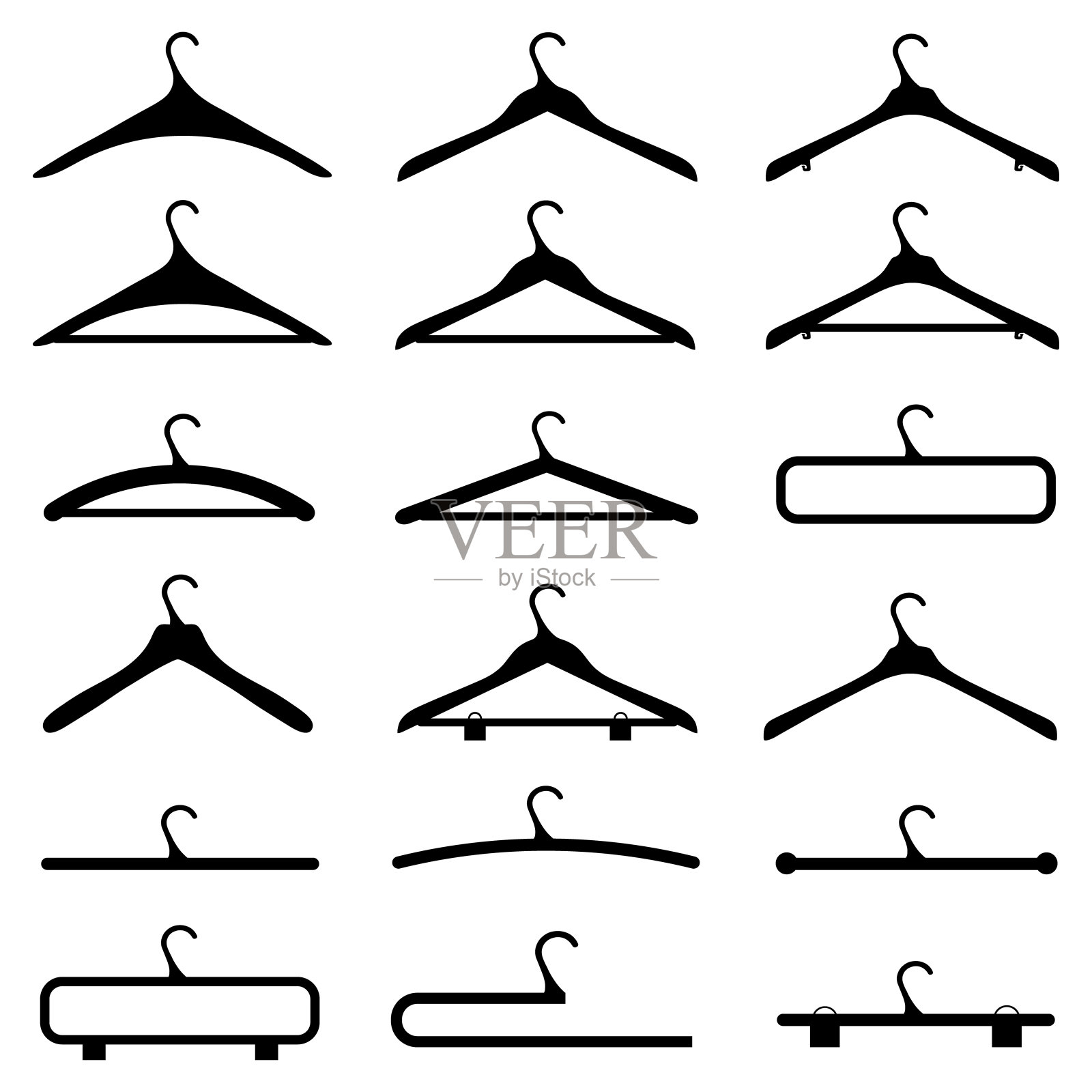 衣架剪影集-黑色矢量插图-隔离在白色背景上插画图片素材