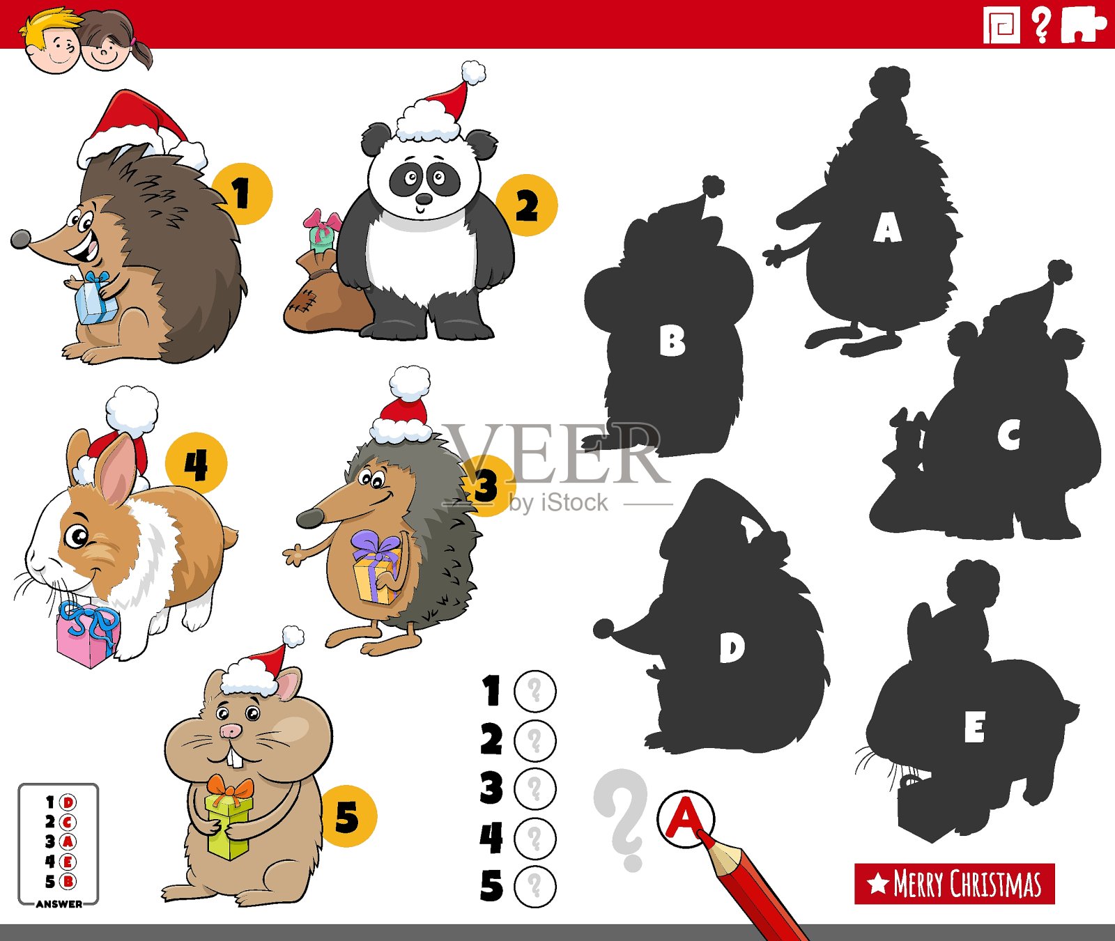 与卡通动物角色的影子游戏在圣诞节时间插画图片素材