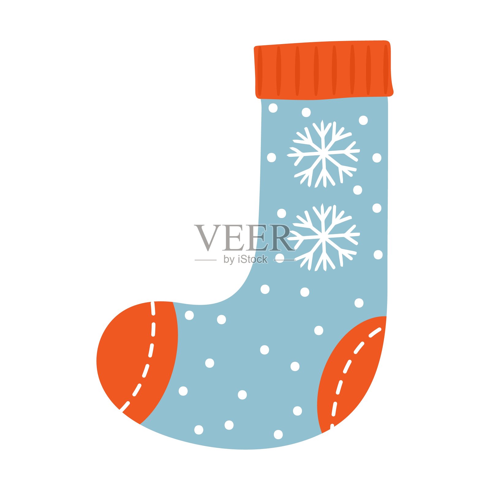 圣诞袜子。圣诞袜或有雪花的袜子。儿童服装带条。矢量插图手绘hygge室内装饰。冬季假期时尚flat。插画图片素材