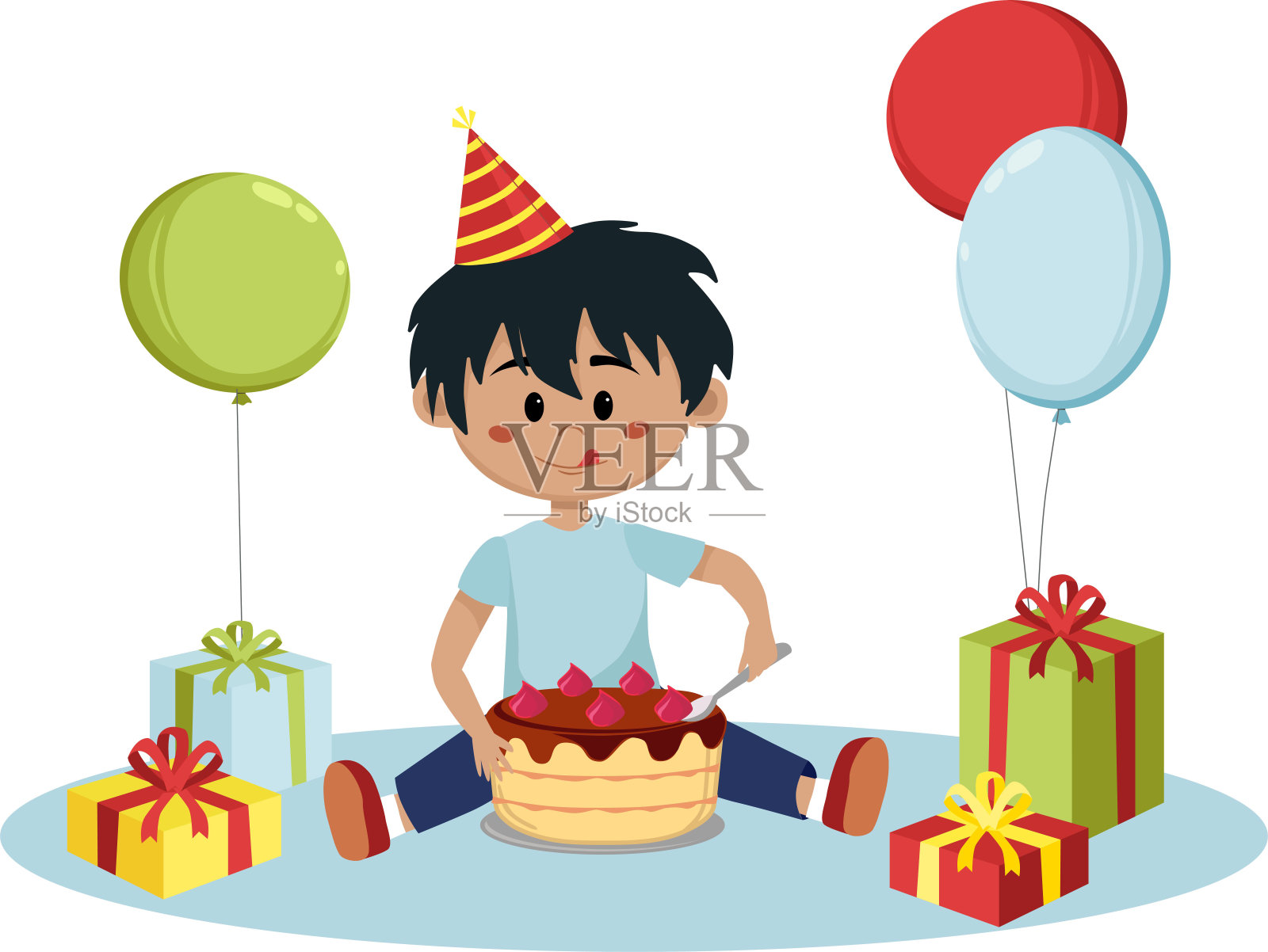快乐的小男孩吃了一个生日蛋糕。设计模板素材