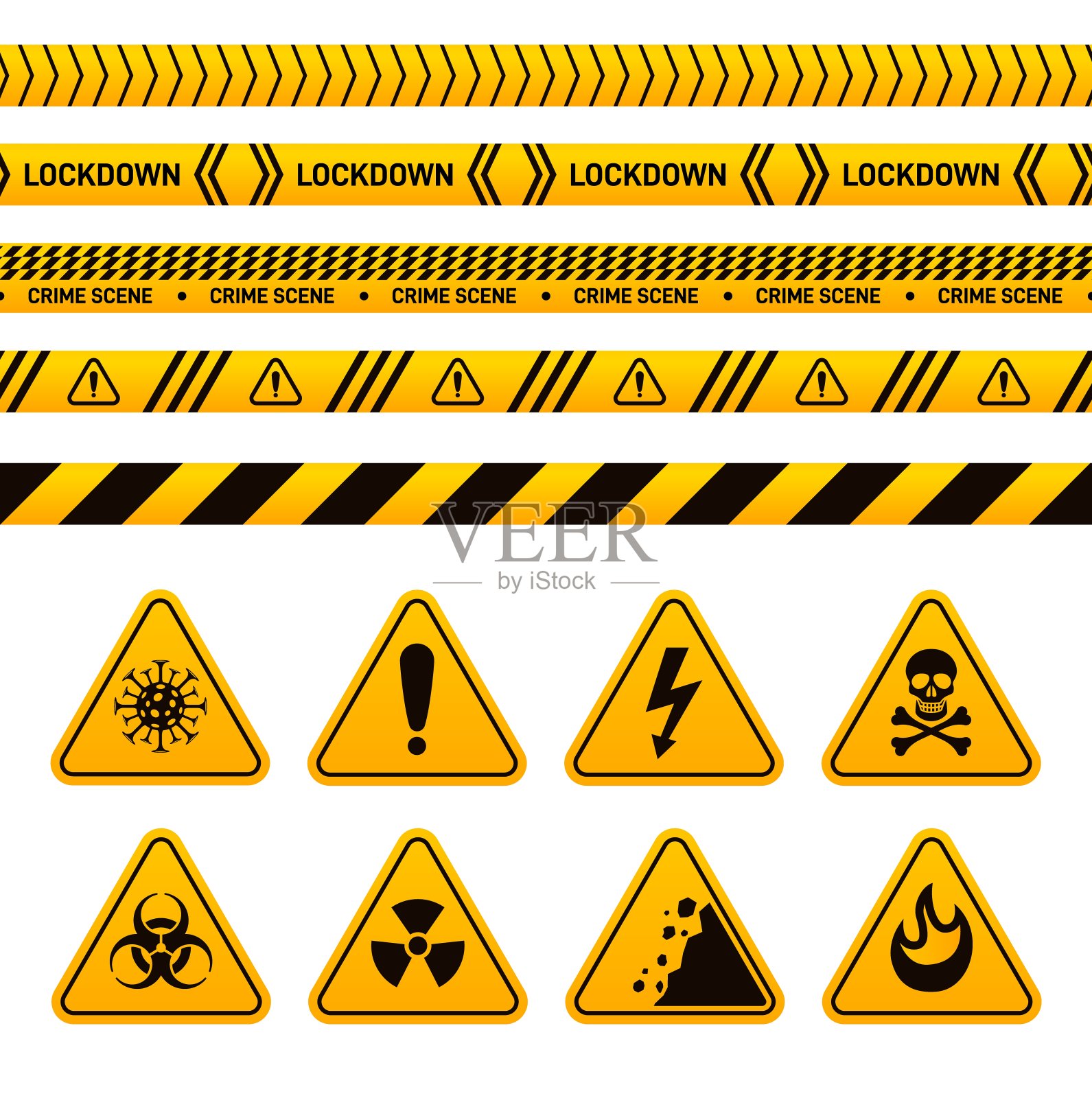 危险丝带和标志。黄色建筑彩带，警示有毒危险标志。安全与安全，条纹警戒线精确矢量集插画图片素材