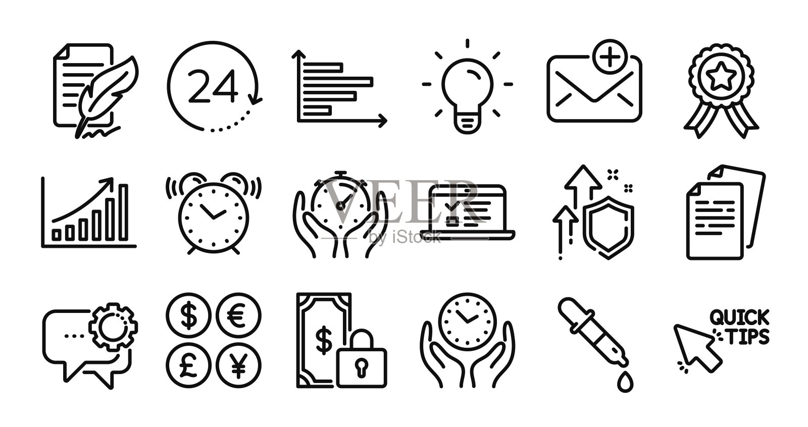 水平图表，闹钟和新邮件线图标设置。向量图标素材