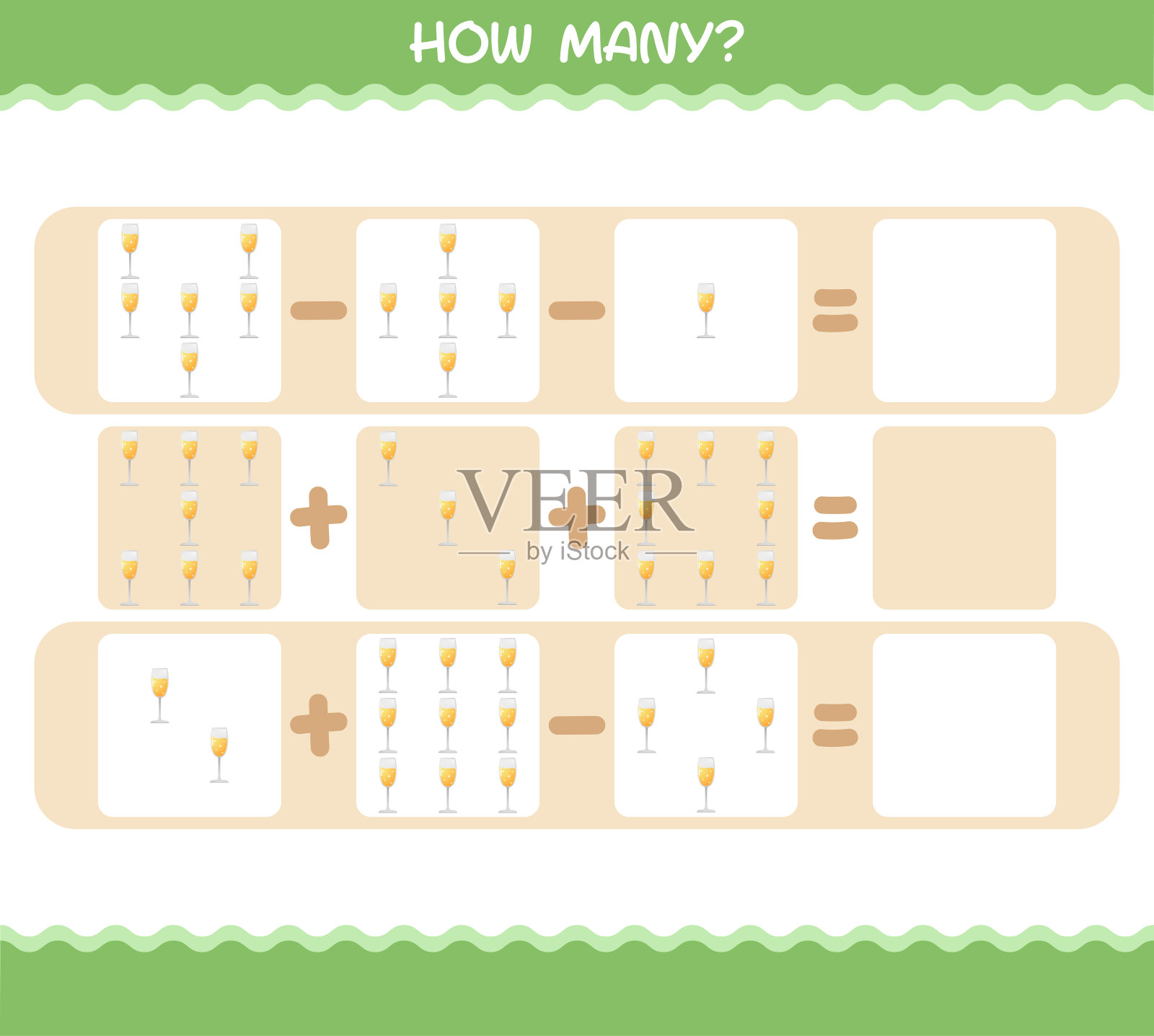 多少卡通香槟杯。计算游戏。学龄前儿童和幼儿的教育游戏插画图片素材