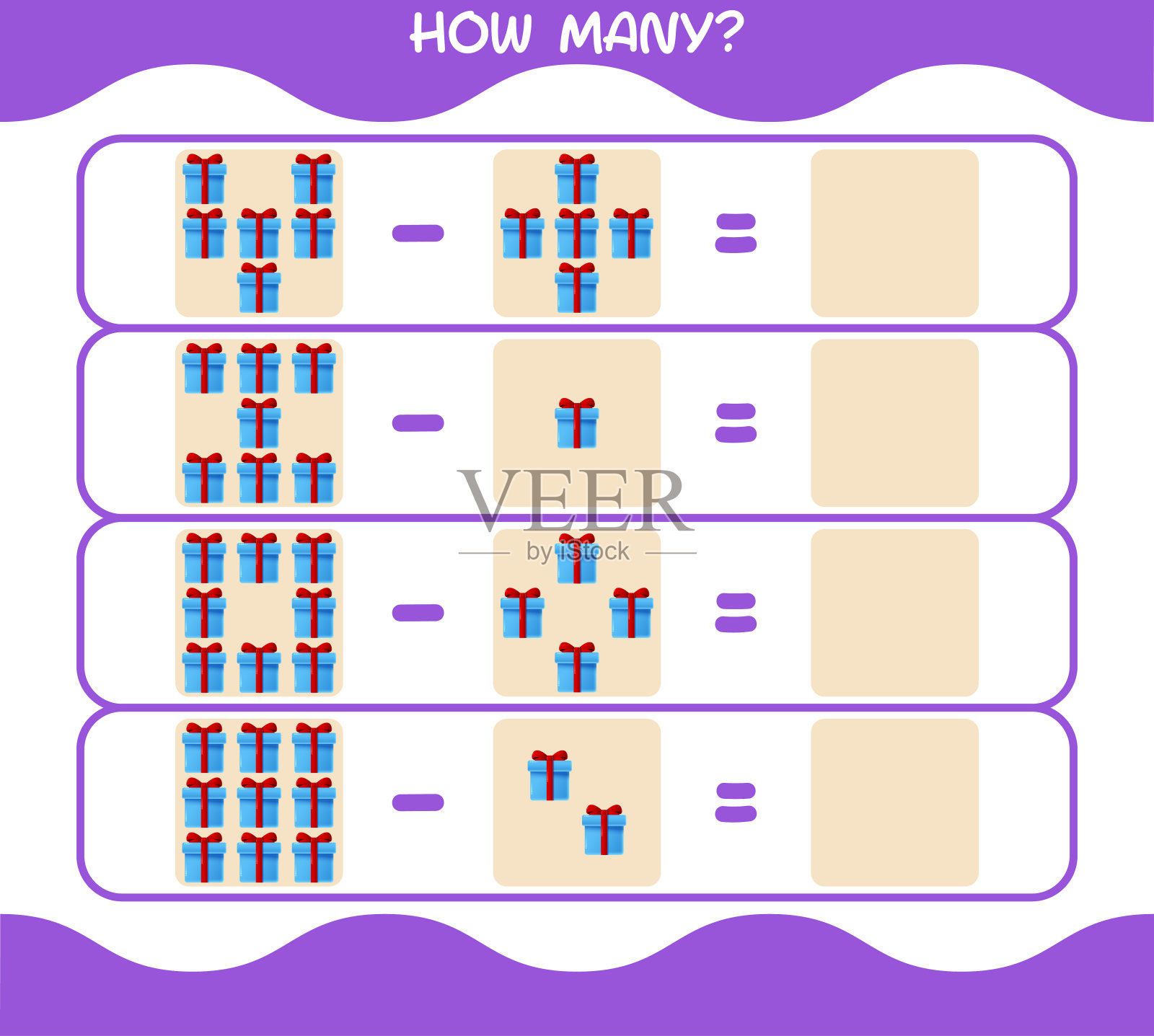 有多少卡通礼品盒。计算游戏。学龄前儿童和幼儿的教育游戏插画图片素材