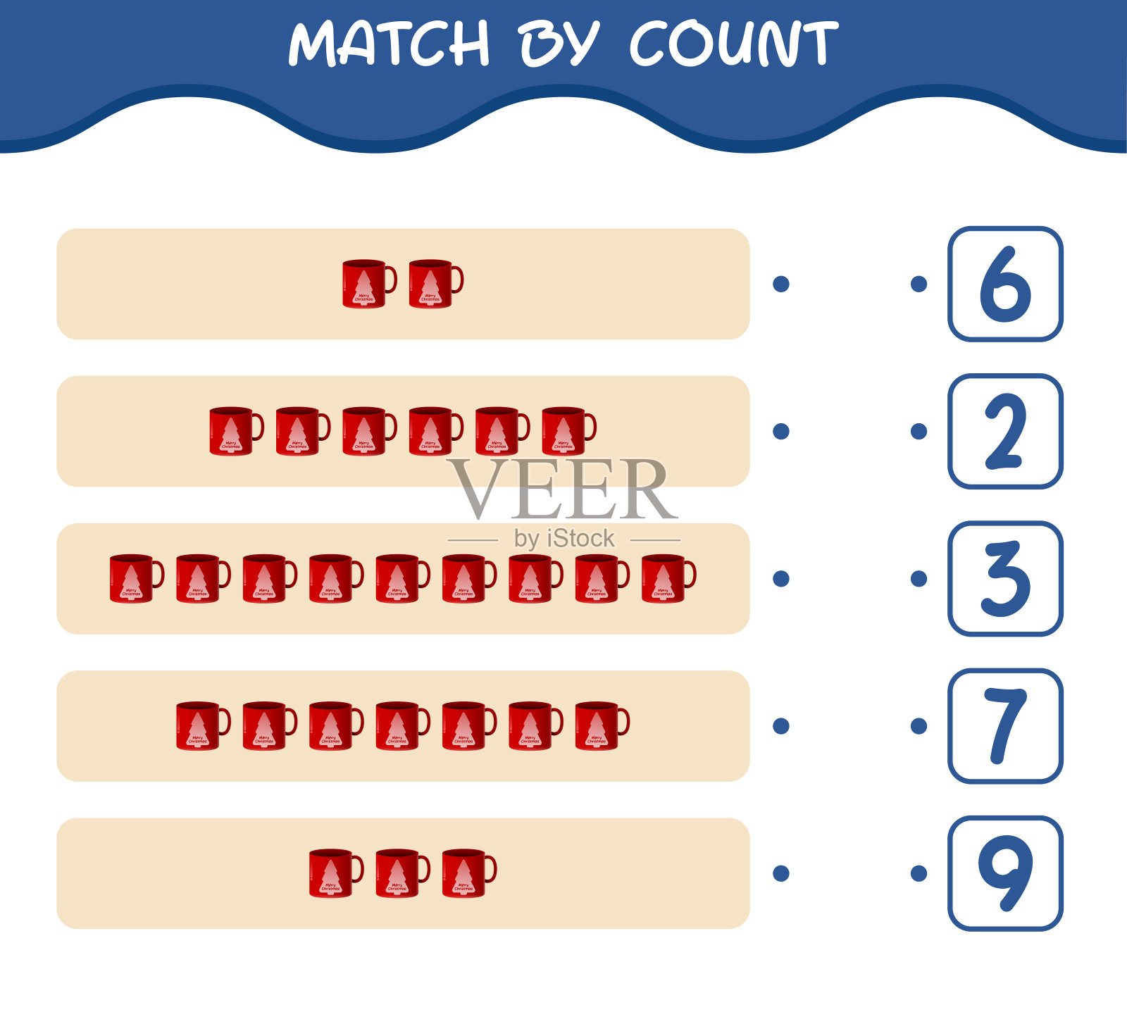 按卡通杯数匹配。比赛和计数游戏。学龄前儿童和幼儿的教育游戏插画图片素材