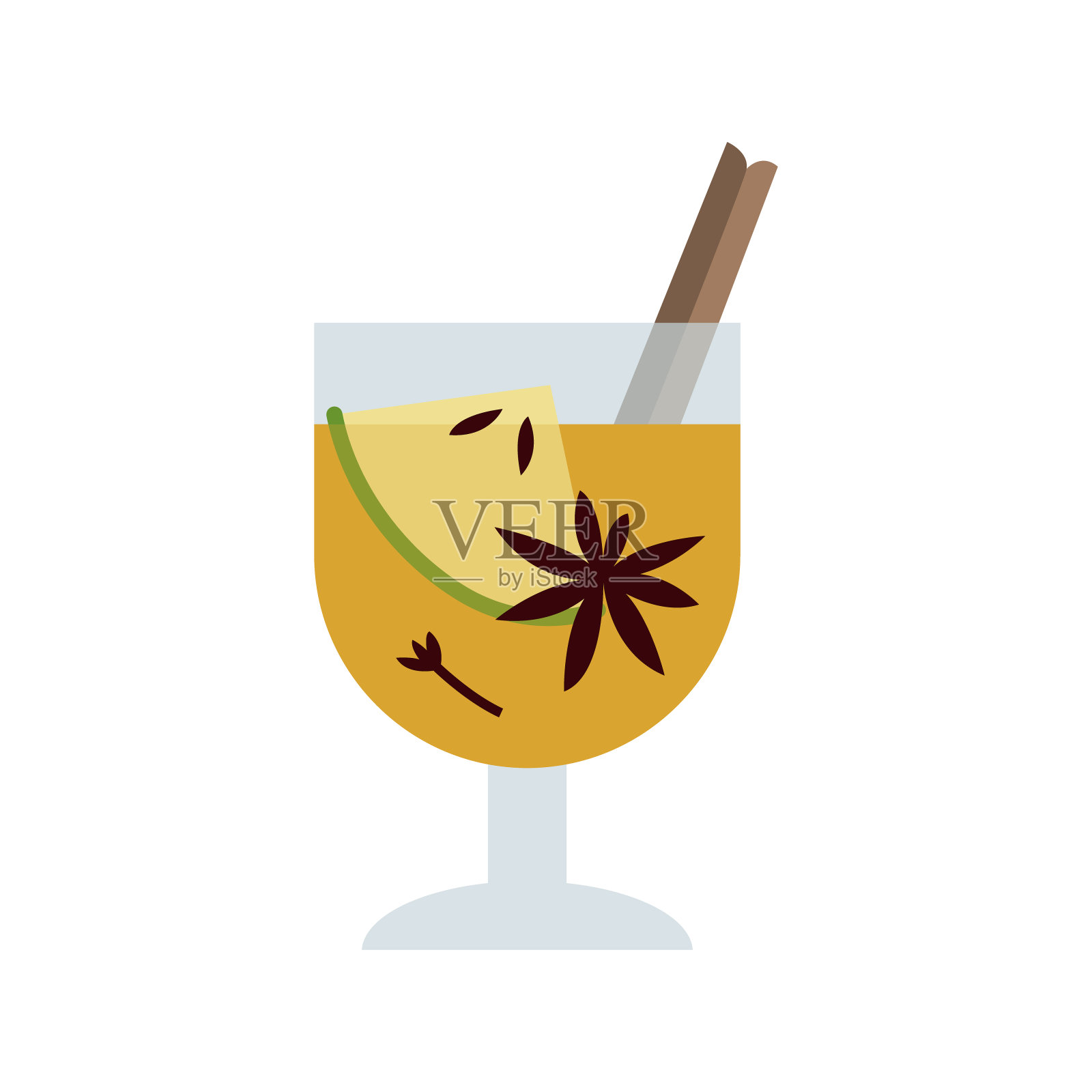 圣诞白热葡萄酒与柑橘类水果，苹果，肉桂，丁香，小豆蔻和茴芹。冬天的热饮在玻璃杯里。桑格利亚汽酒，苹果酒，潘趣酒。传统的圣诞饮料。矢量插图，平面卡通风格插画图片素材