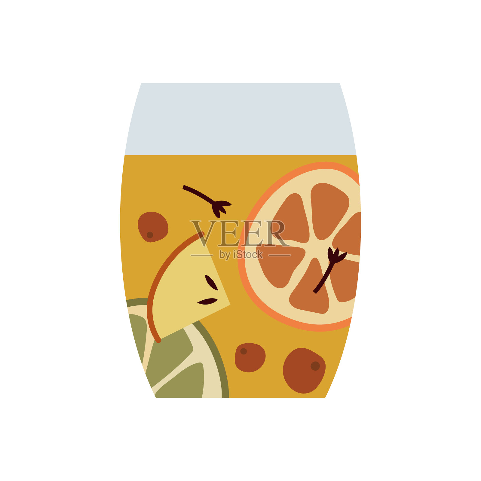 圣诞白热葡萄酒与柑橘类水果，苹果，肉桂，丁香，小豆蔻和茴芹。冬天的热饮在玻璃杯里。桑格利亚汽酒，苹果酒，潘趣酒。传统的圣诞饮料。矢量插图，平面卡通风格插画图片素材