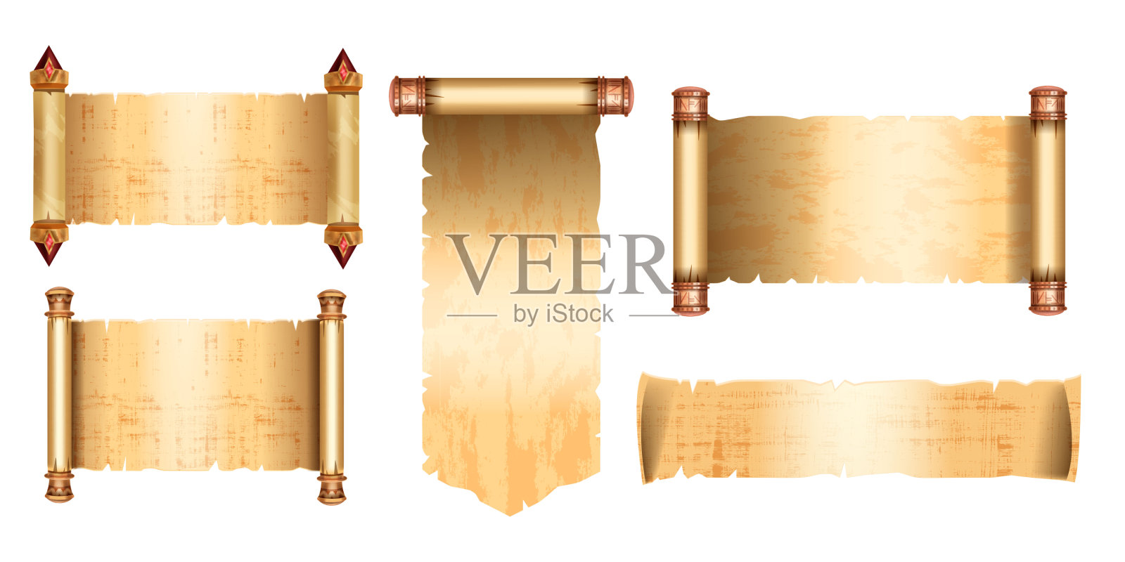 古纸莎草卷轴集，矢量游戏羊皮纸背景工具包，UI埃及手稿背景。插画图片素材