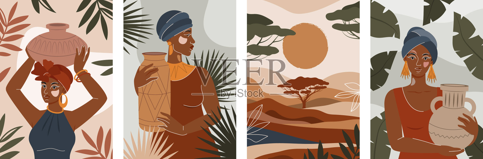 一套海报与非洲妇女的概念插画图片素材