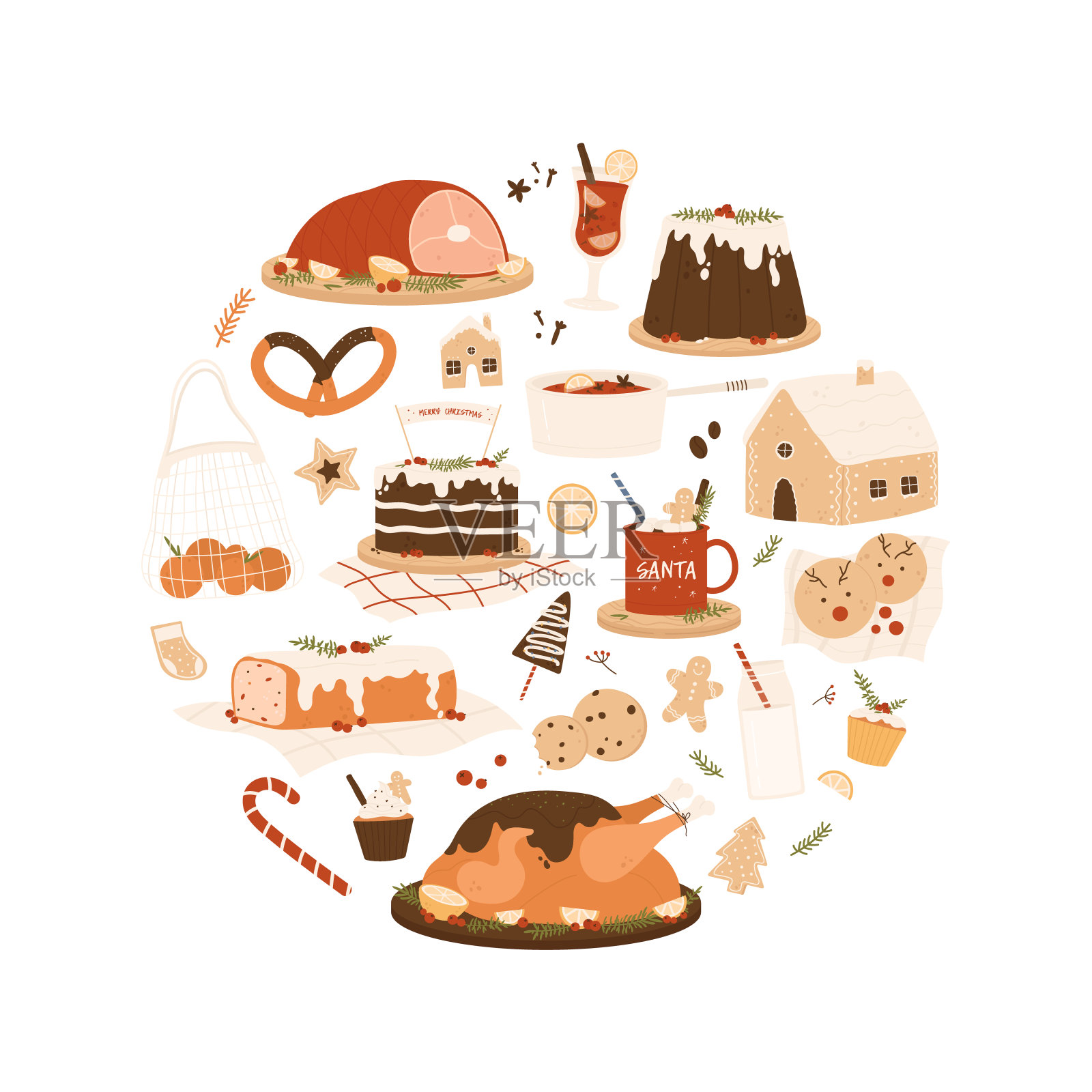 圣诞食品晚餐套装。圣诞餐桌上的传统圣诞菜肴和甜点。惬意的晚餐的概念。矢量插图在卡通风格。孤立在白色背景上。插画图片素材