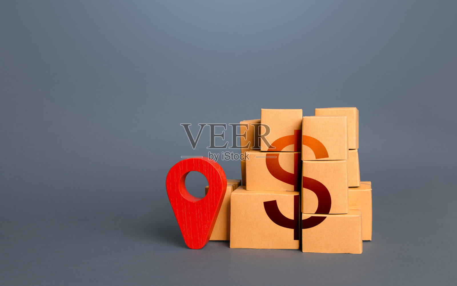 盒子上有美元符号和红色定位针。运输配送物流，仓储管理。导入导出。跟踪。供应分配货物。货物贸易。国内厂家照片摄影图片