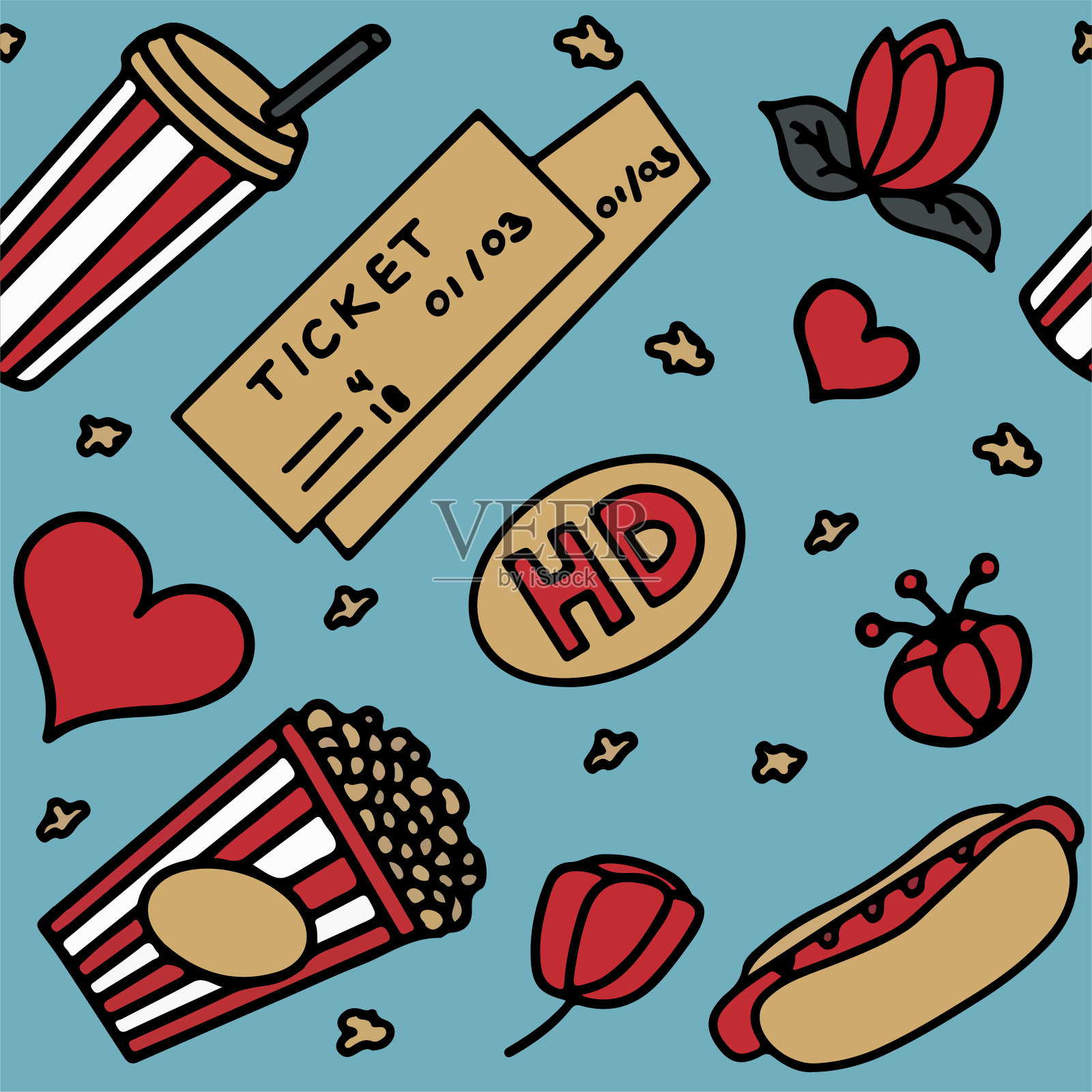 无缝模式与电影，电视节目，系列和电影有趣的涂鸦矢量图标。手绘彩色插图。为播客，奖项和广播设置。背景插画图片素材