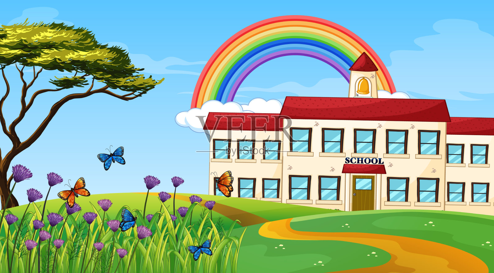 自然景观景观与学校建筑和插画图片素材