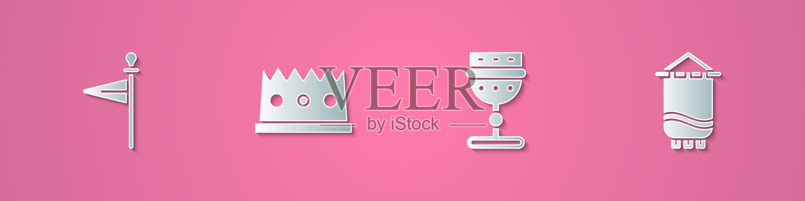 设置剪纸中世纪旗帜国王皇冠高脚杯图标素材