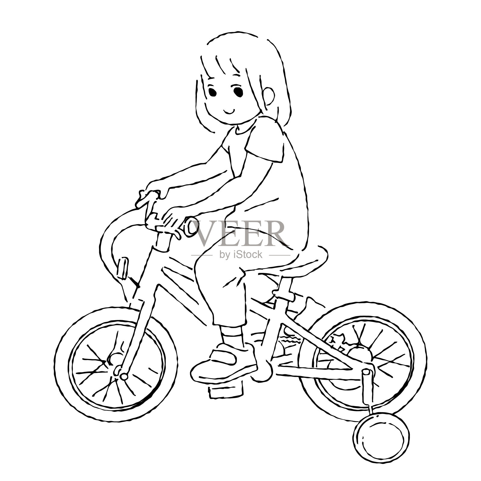 单色矢量插图与白色边界的一个女孩骑自行车训练轮短袖，春/夏衣服插画图片素材