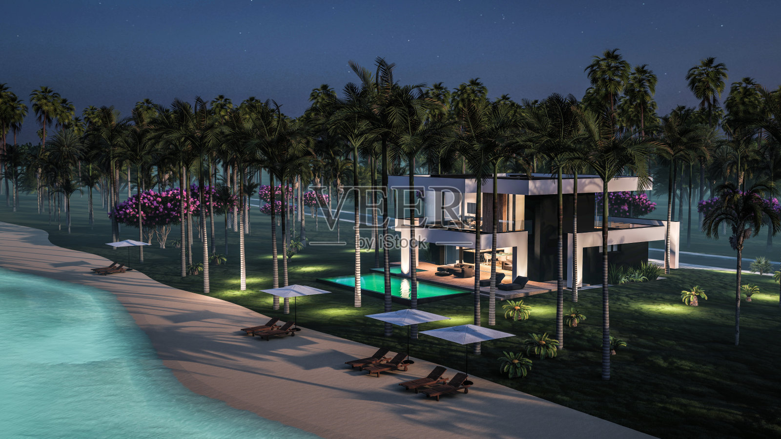 3D渲染的夜晚海边豪华现代住宅照片摄影图片