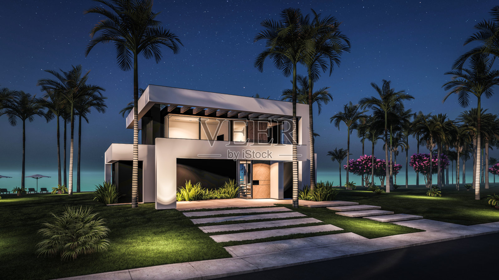3D渲染的夜晚海边豪华现代住宅照片摄影图片