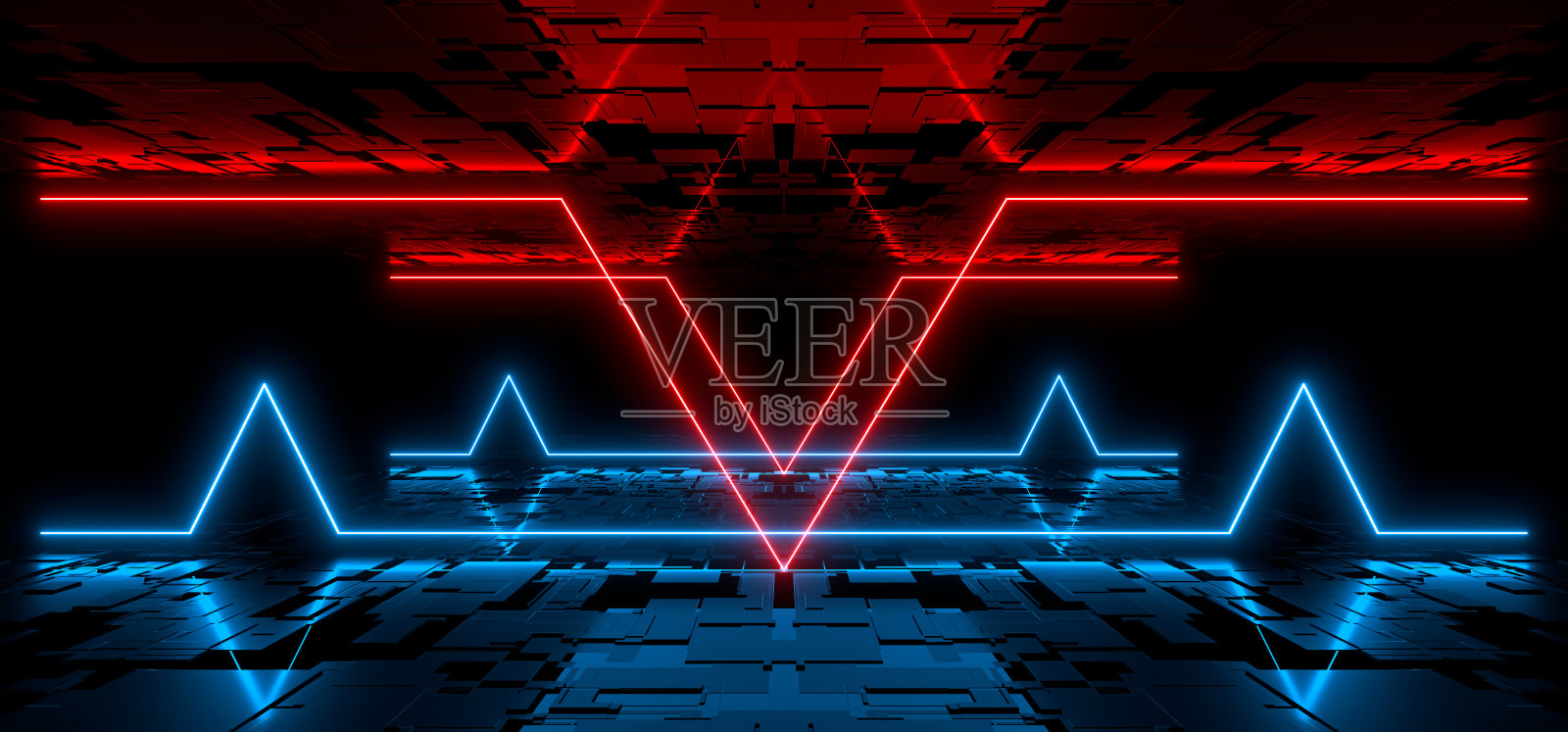 黑暗大厅里的霓虹灯。地板和墙上的倒影。3 d渲染图像。照片摄影图片