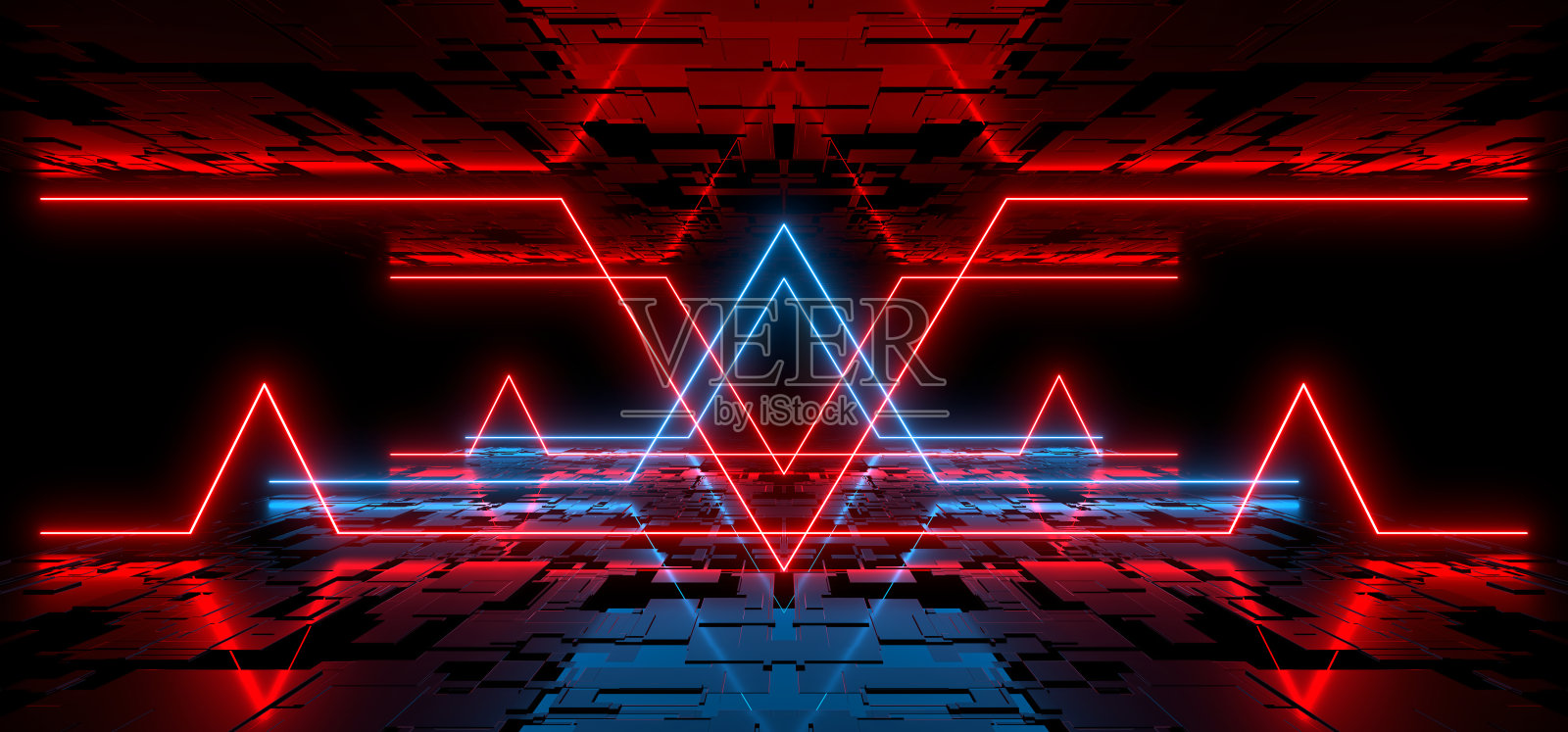 黑暗大厅里的霓虹灯。地板和墙上的倒影。3 d渲染图像。照片摄影图片