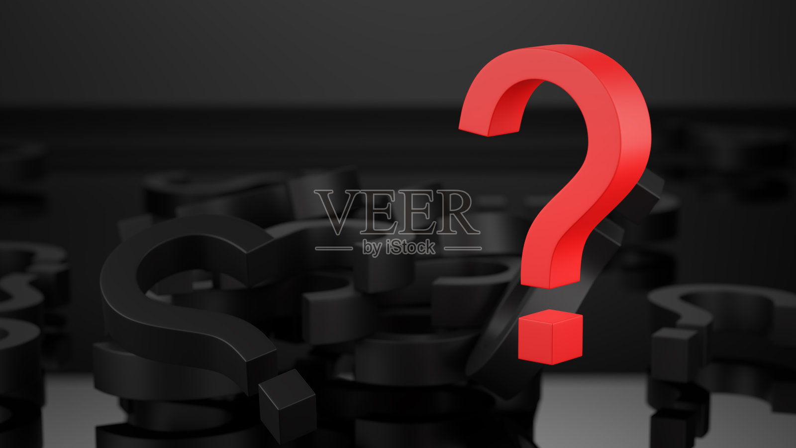 红色问号在黑色问号的背景上。放在桌子上。3 d渲染。照片摄影图片