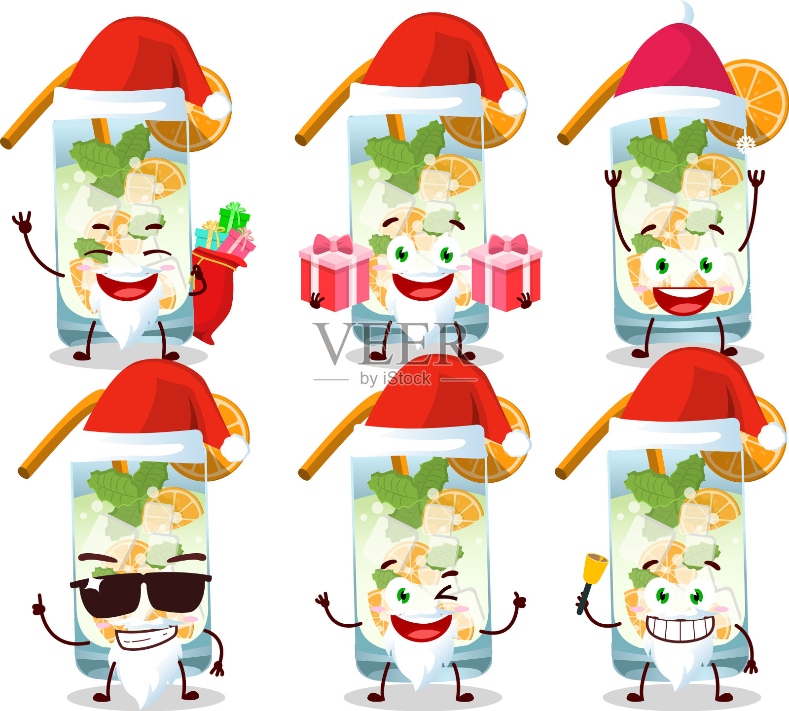 圣诞老人的表情和橙色莫吉托卡通插画图片素材