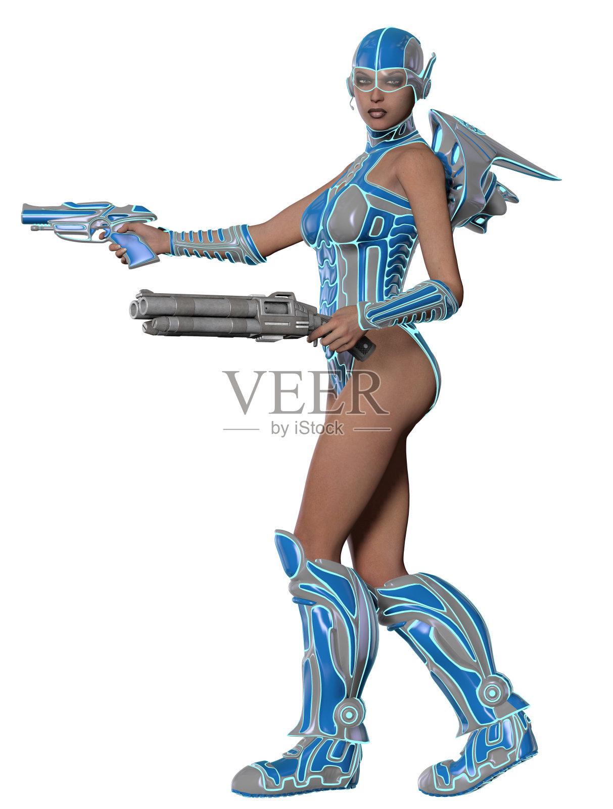 未来战士身穿蓝色和灰色盔甲，配备枪支和步枪，3d渲染照片摄影图片
