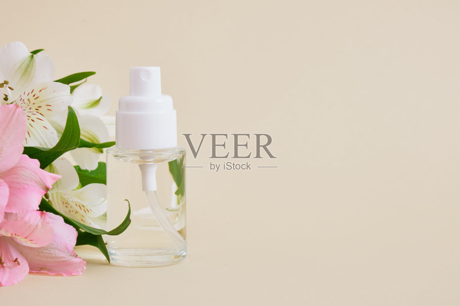 白色喷雾盖的空白玻璃瓶，米色背景上的小百合花，化妆品模型照片摄影图片