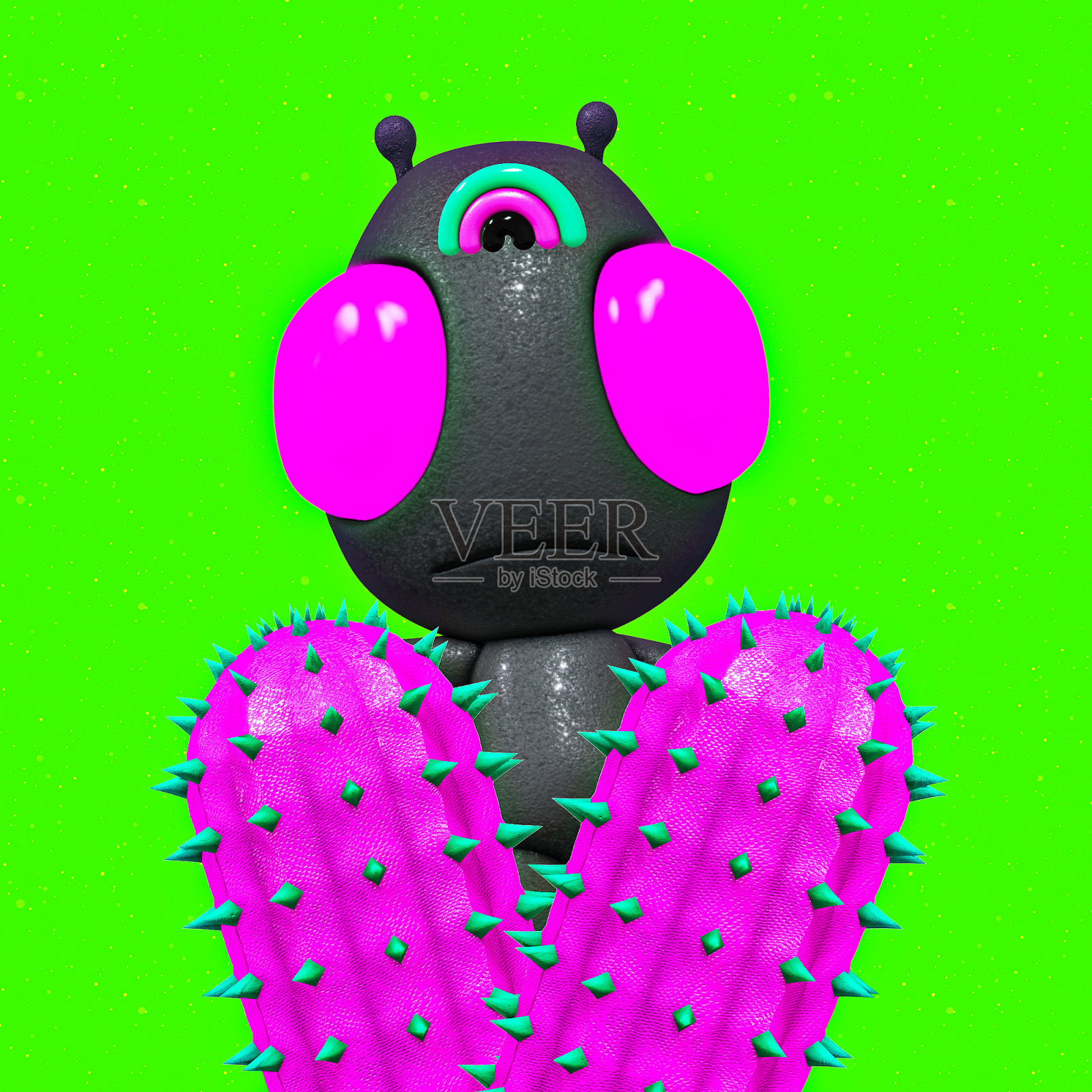 极简风格的拼贴艺术。3d渲染有趣的外星人和仙人掌丰富多彩的宇宙氛围。照片摄影图片