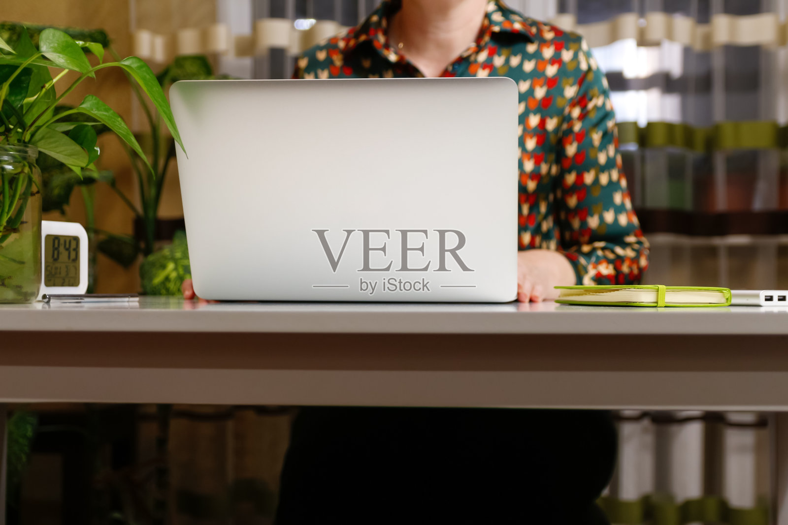 在家里用电脑工作的陌生女人。一天工作的开始或结束。年轻女子坐在工作桌旁，手里拿着笔记本电脑。工作场所。女性的手。绿色笔记本,植物。本空间照片摄影图片