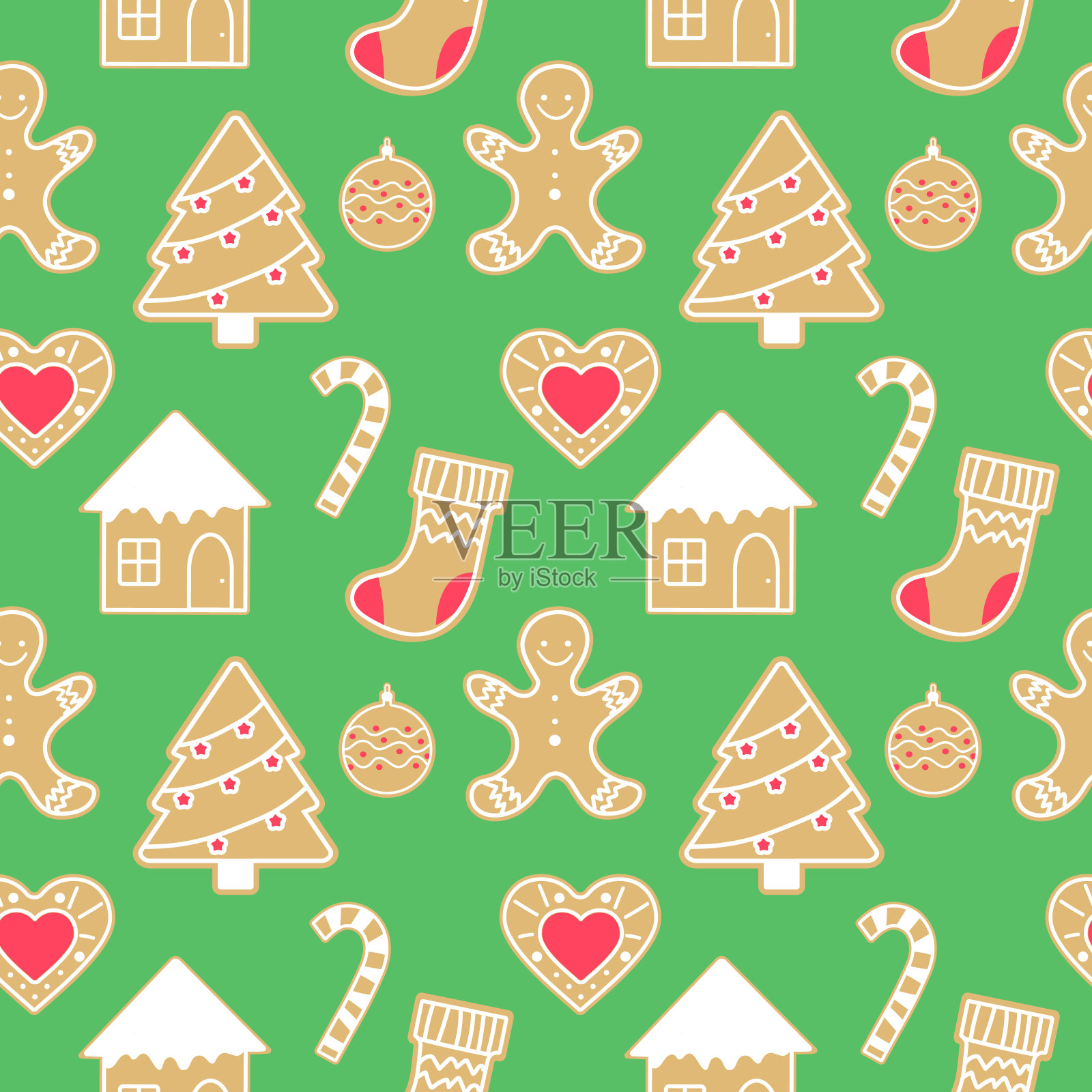 圣诞饼干无缝矢量模式。绿色背景上的姜饼。包装纸插图EPS插画图片素材