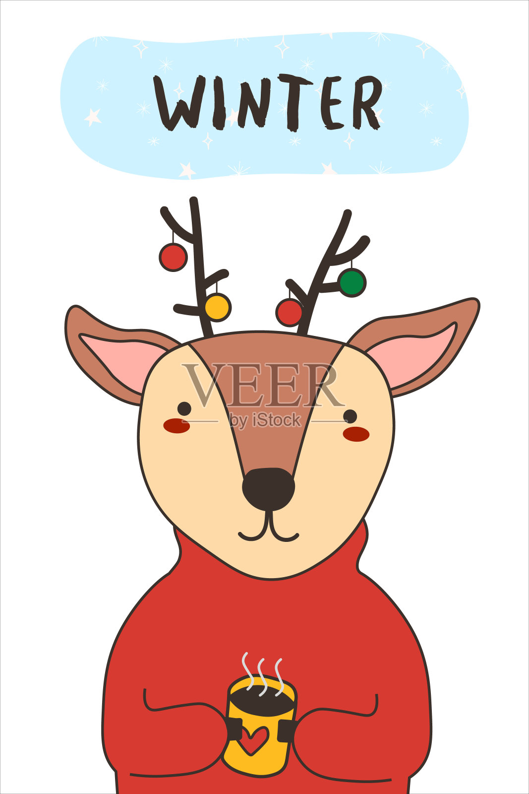 可爱的圣诞卡片上有小鹿。新年白色背景与卡通小鹿和雪花。文本的冬天。矢量插图。每股收益插画图片素材