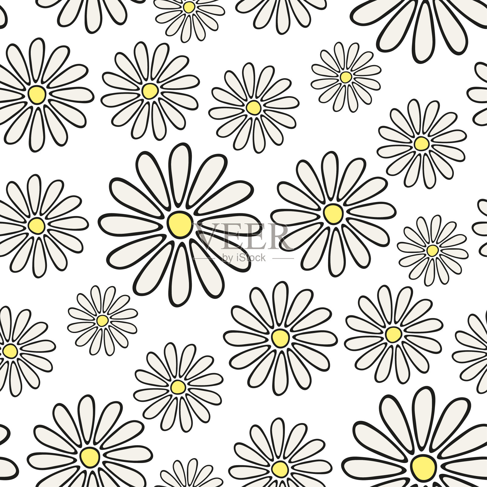 美丽的洋甘菊开在白色的背景上。可爱的花朵无缝图案。彩色的轮廓图。矢量平面图形手绘插图。纹理。插画图片素材
