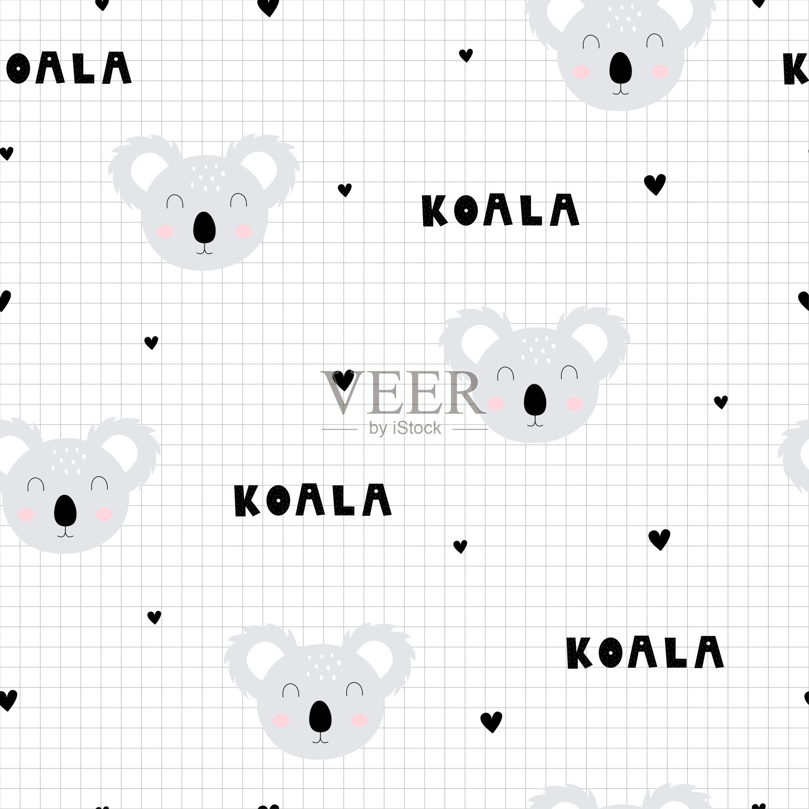 无缝图案考拉动物卡通背景，并有正方形网格作为壁纸插画图片素材