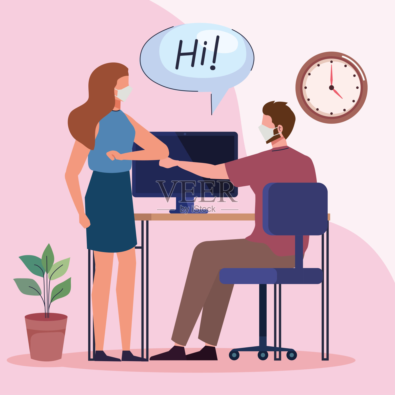 几名工人戴口罩返回工作岗位插画图片素材