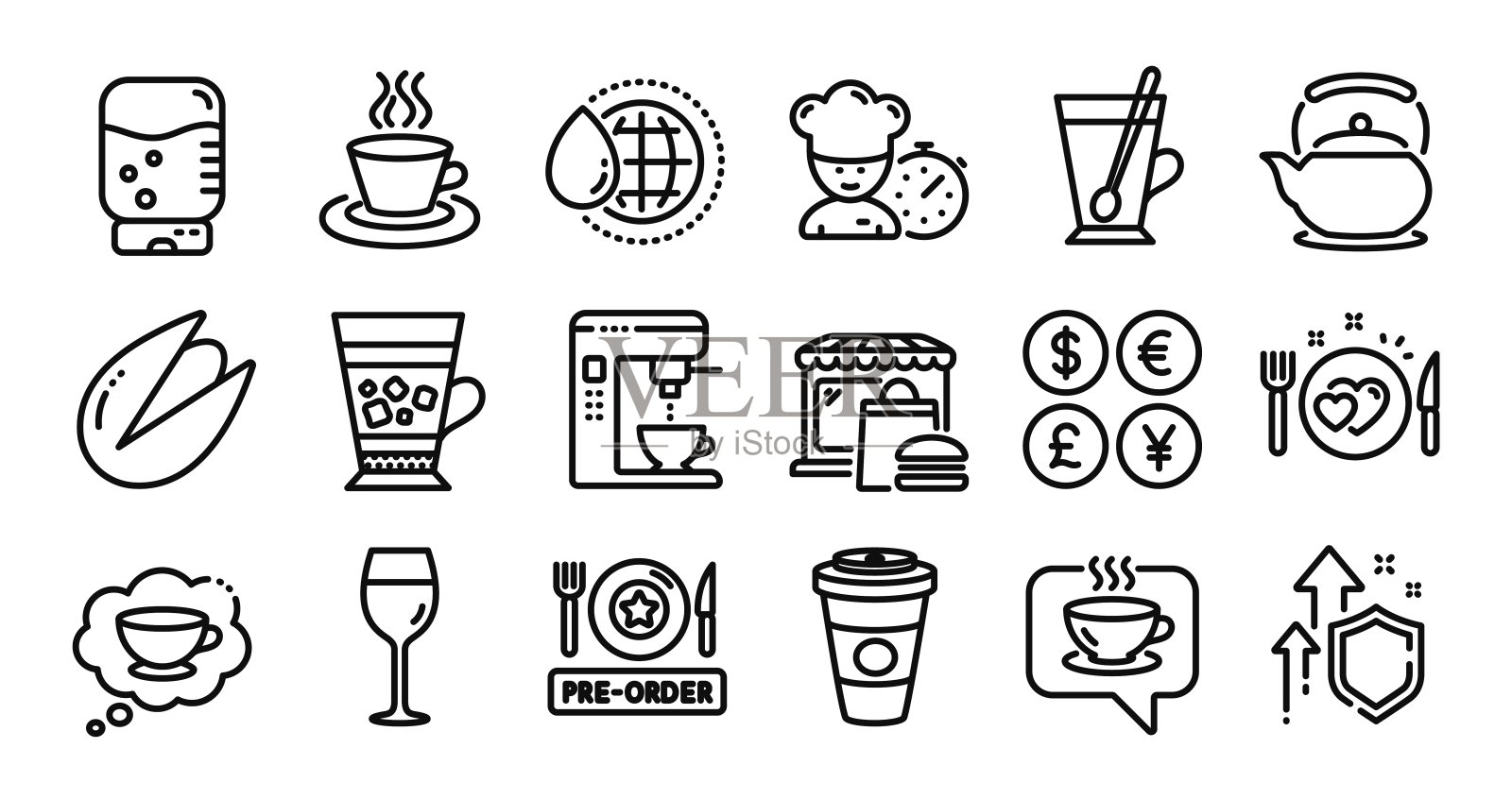 星冰乐，咖啡和外卖咖啡线图标设置。向量图标素材